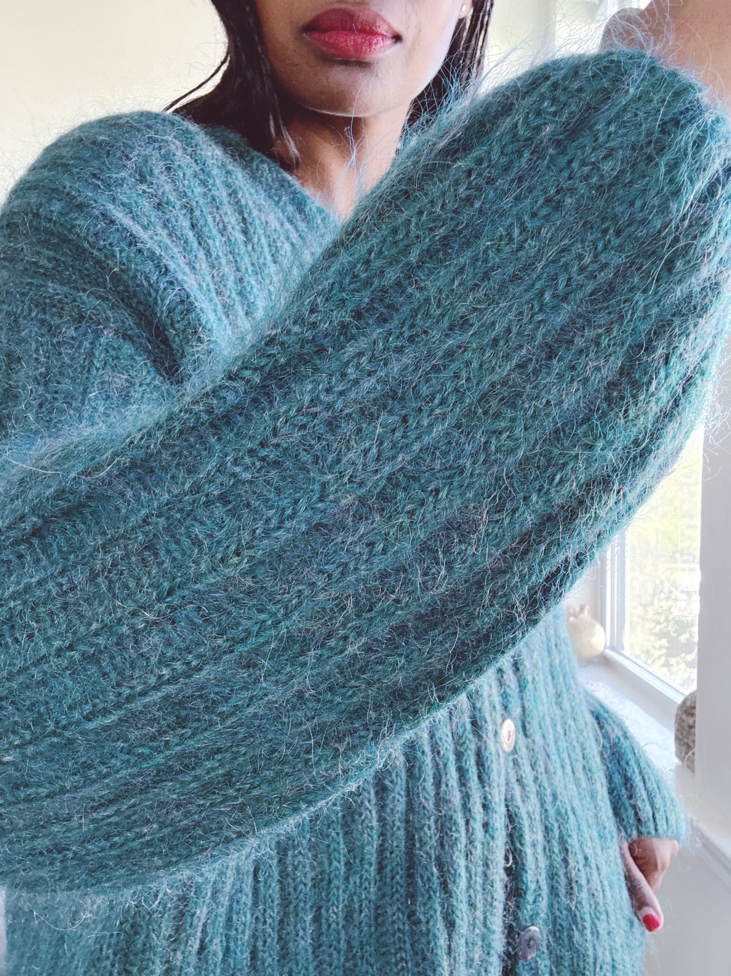 Ribbed Mohair Teal Cardigan Sweater