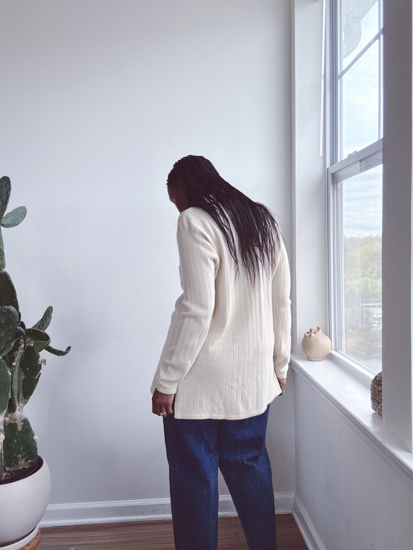 Ribbed Knit Cardigan Sweater Ivory Cream