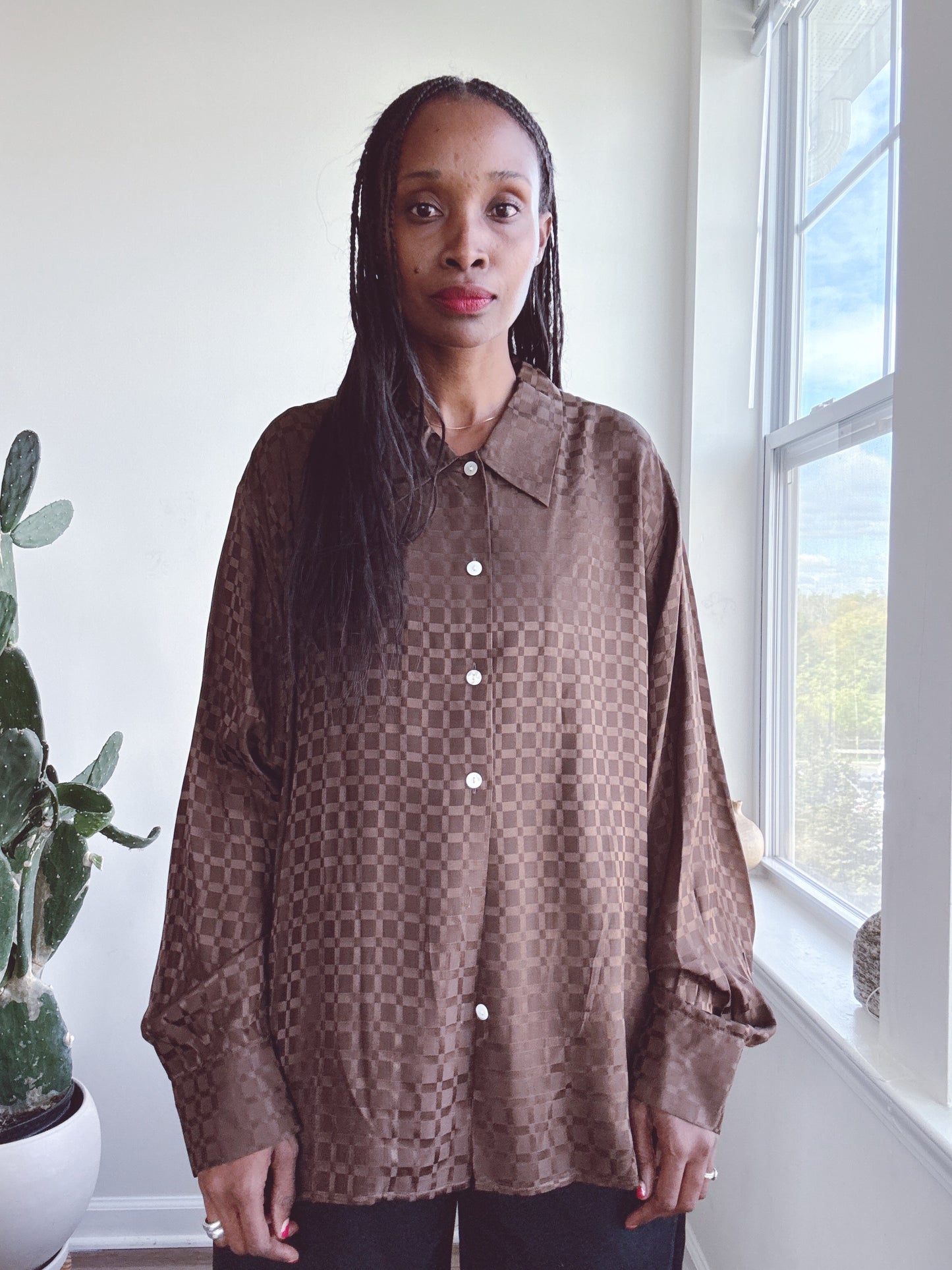 Vintage Brown Checked Silk Blouse