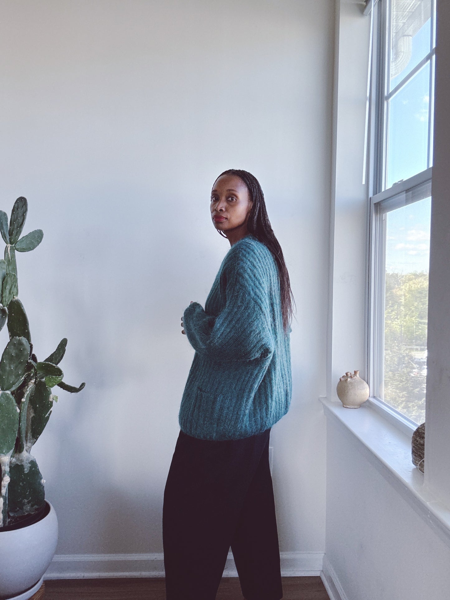 Ribbed Mohair Teal Cardigan Sweater