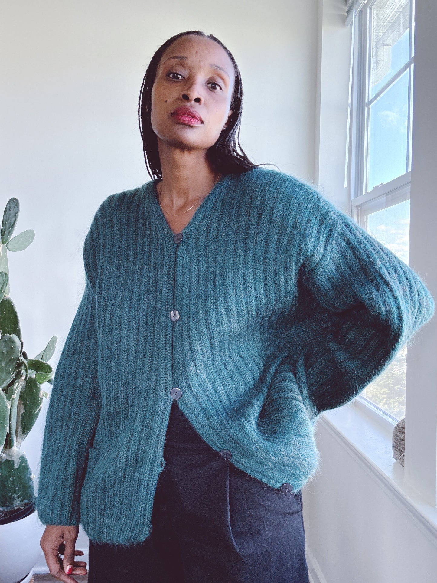 Ribbed Mohair Teal Cardigan Sweater