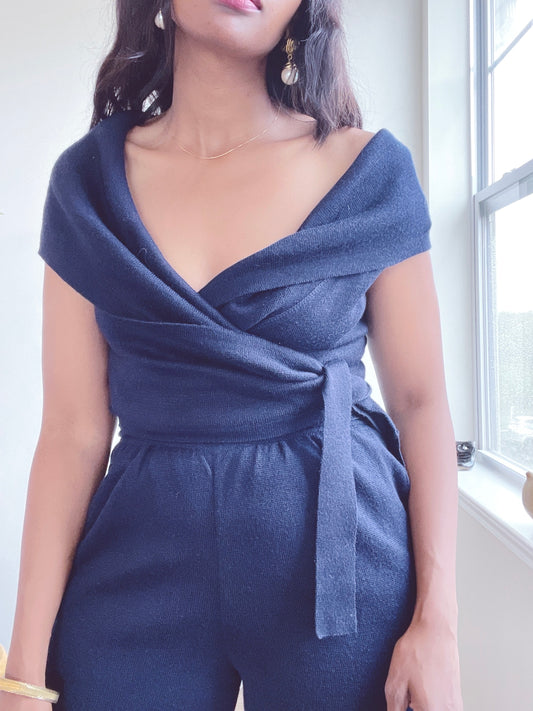 Navy Blue Knit Wrap Top Set