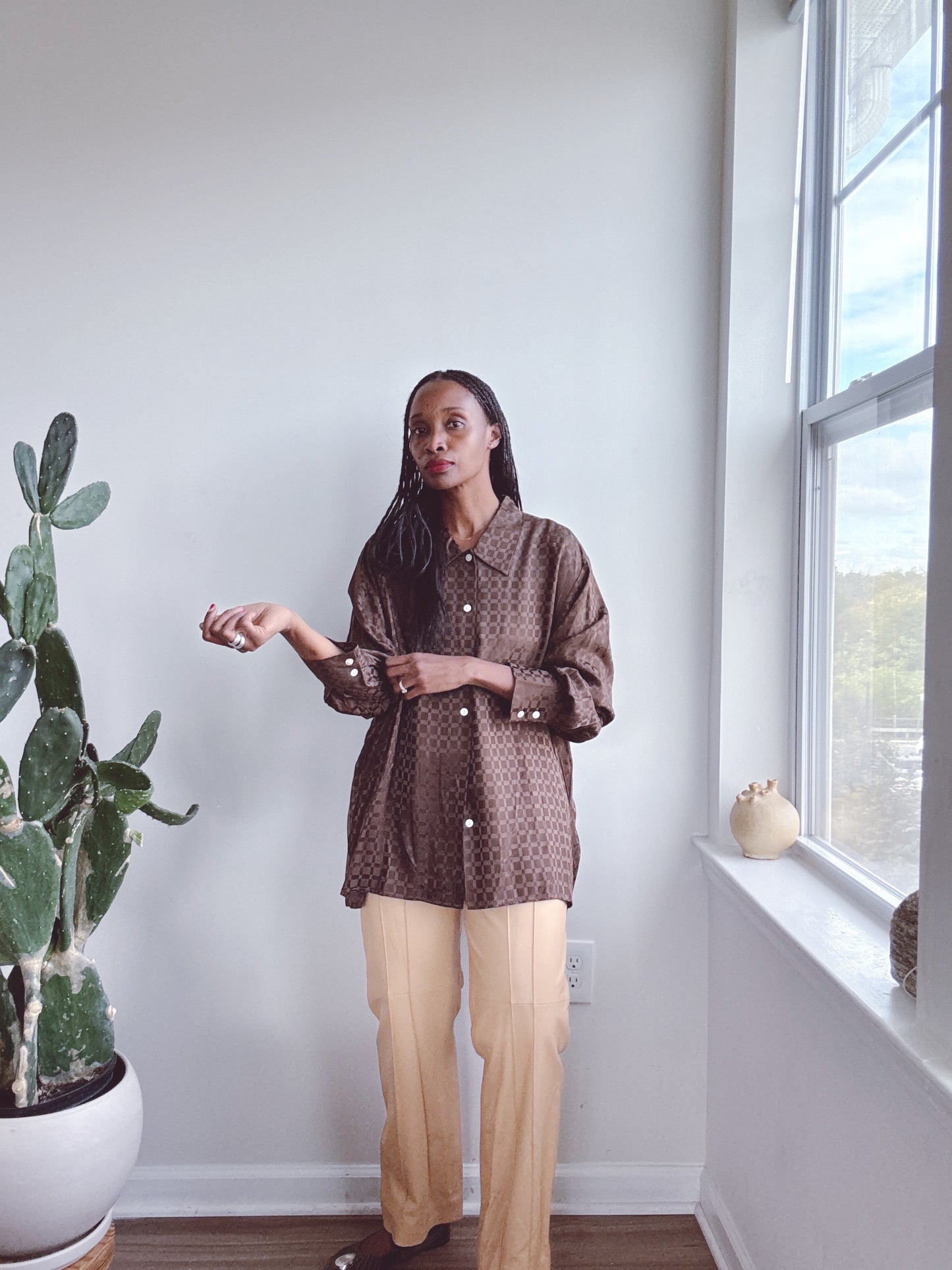 Vintage Brown Checked Silk Blouse
