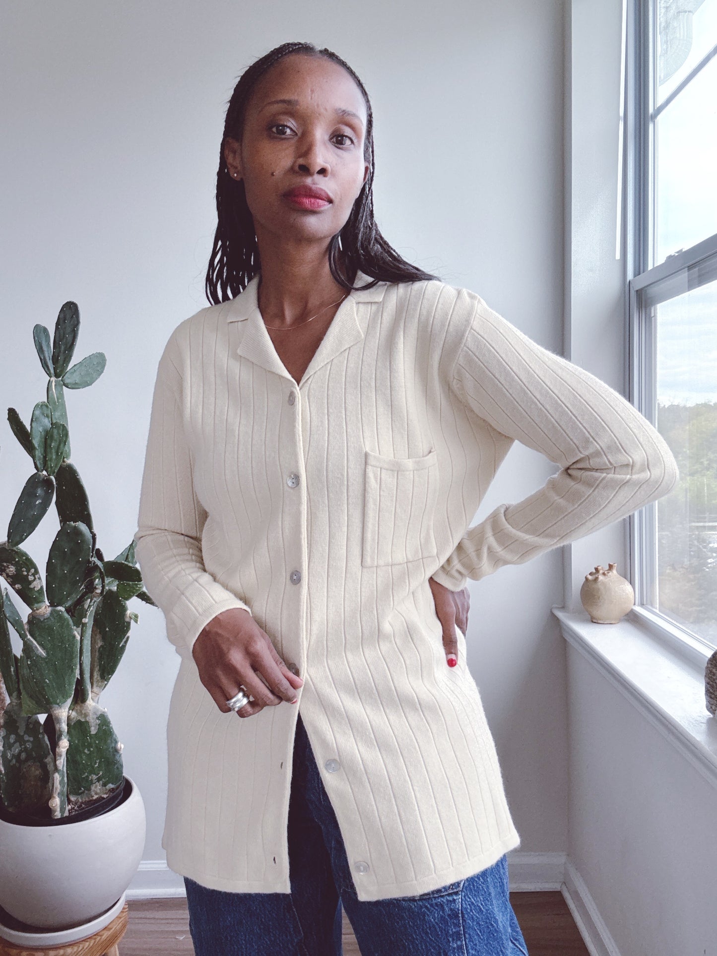 Ribbed Knit Cardigan Sweater Ivory Cream