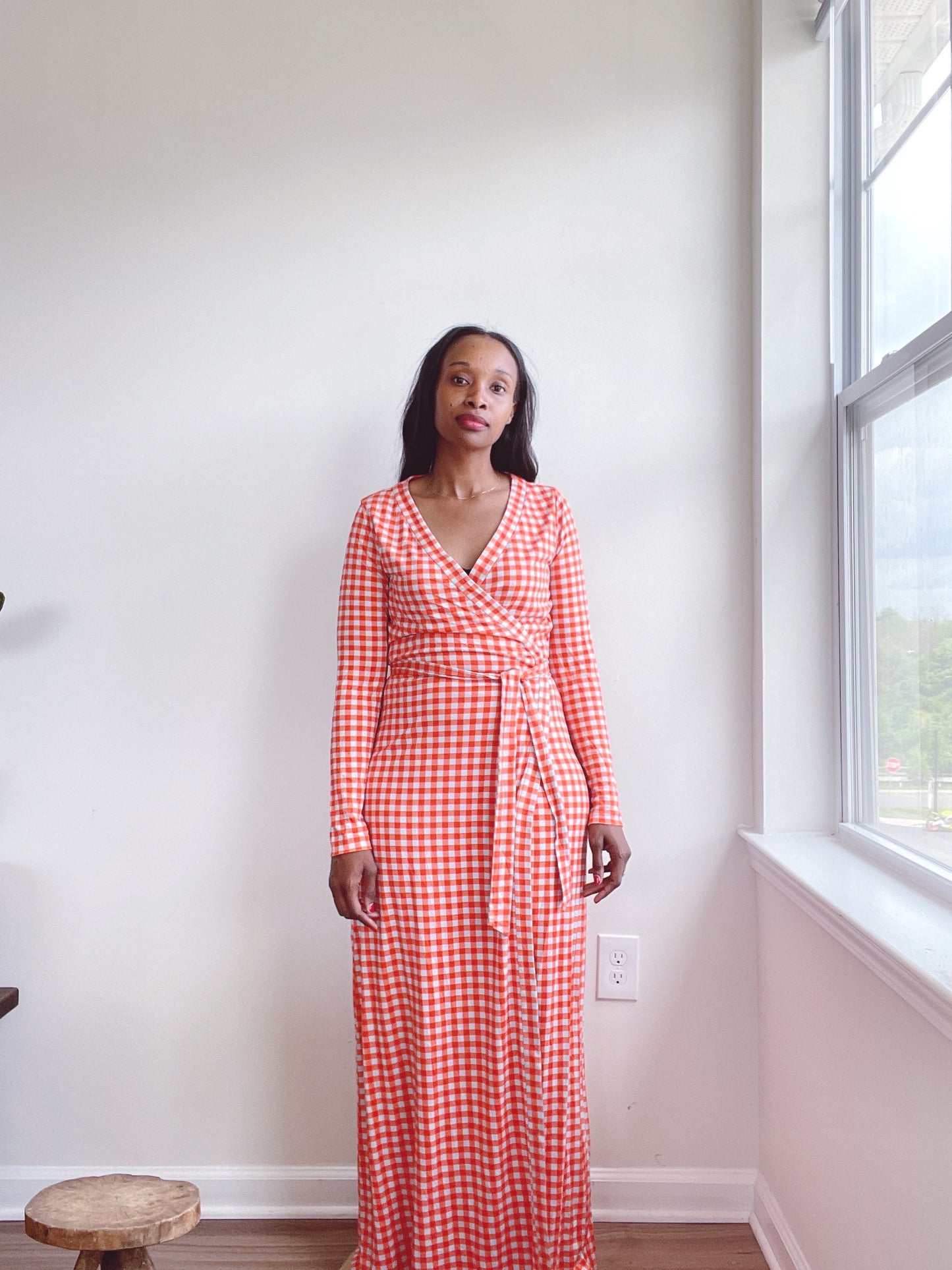 DIANE VON FURSTENBERG DVF Silk Jersey Maxi Vintage Dress Orange Gingham