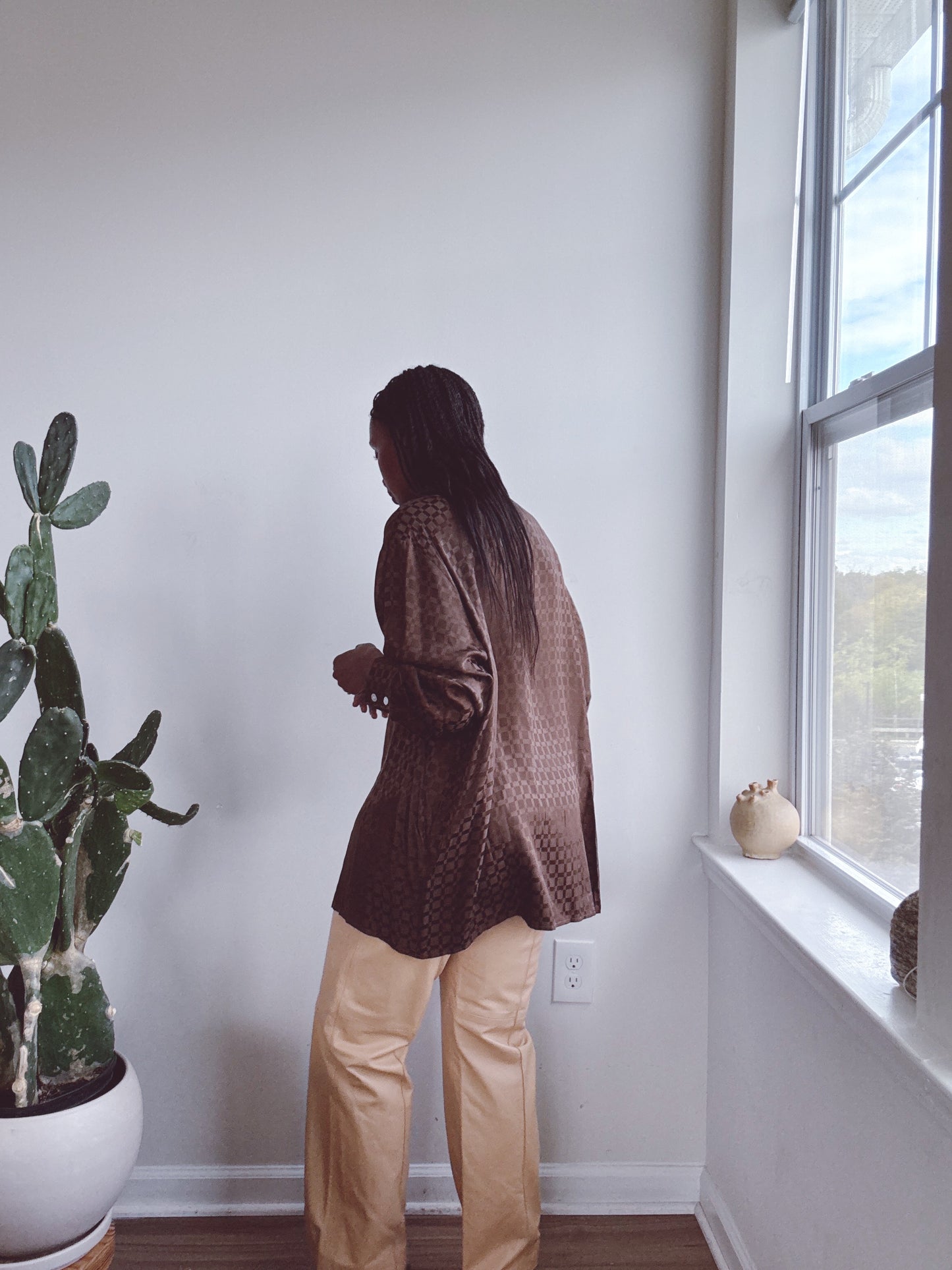 Vintage Brown Checked Silk Blouse