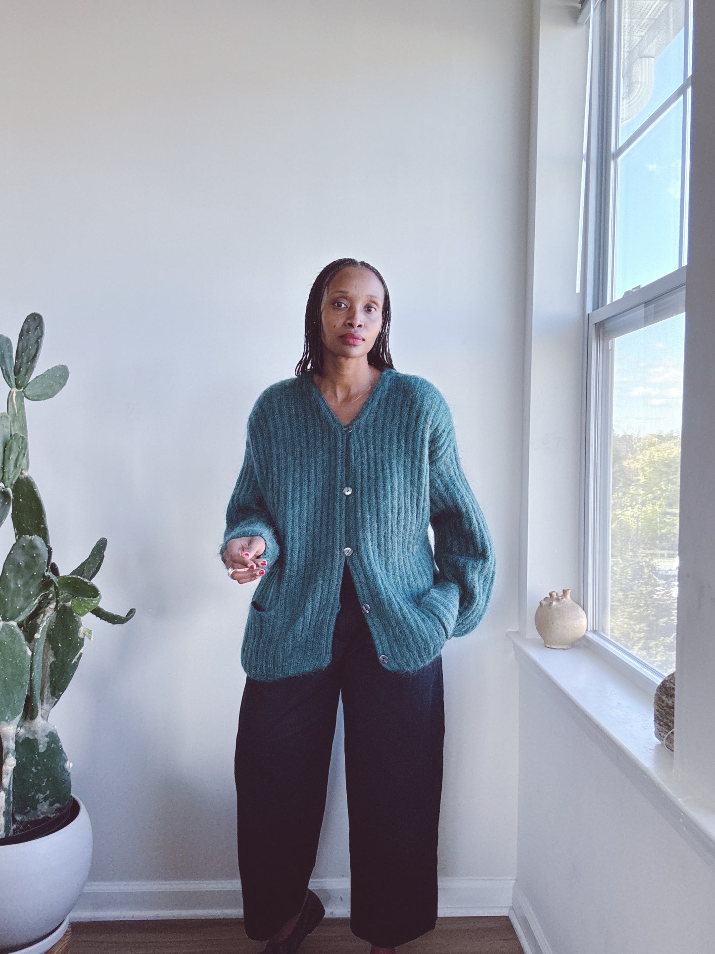 Ribbed Mohair Teal Cardigan Sweater