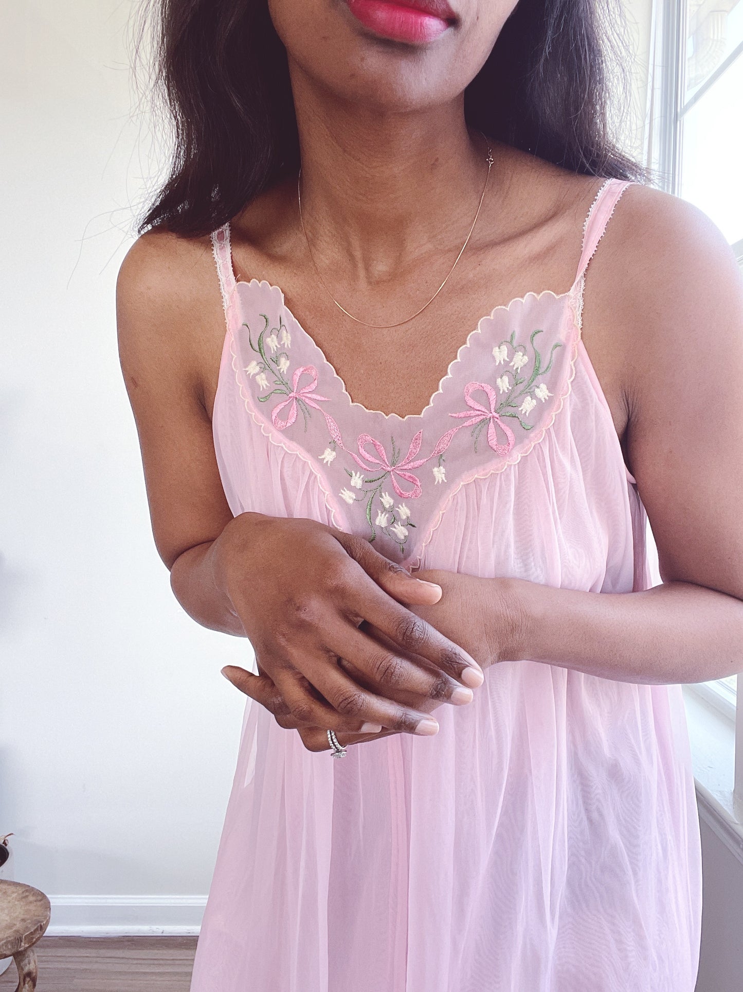 Pink Embroidered Nightgown Jumpsuit