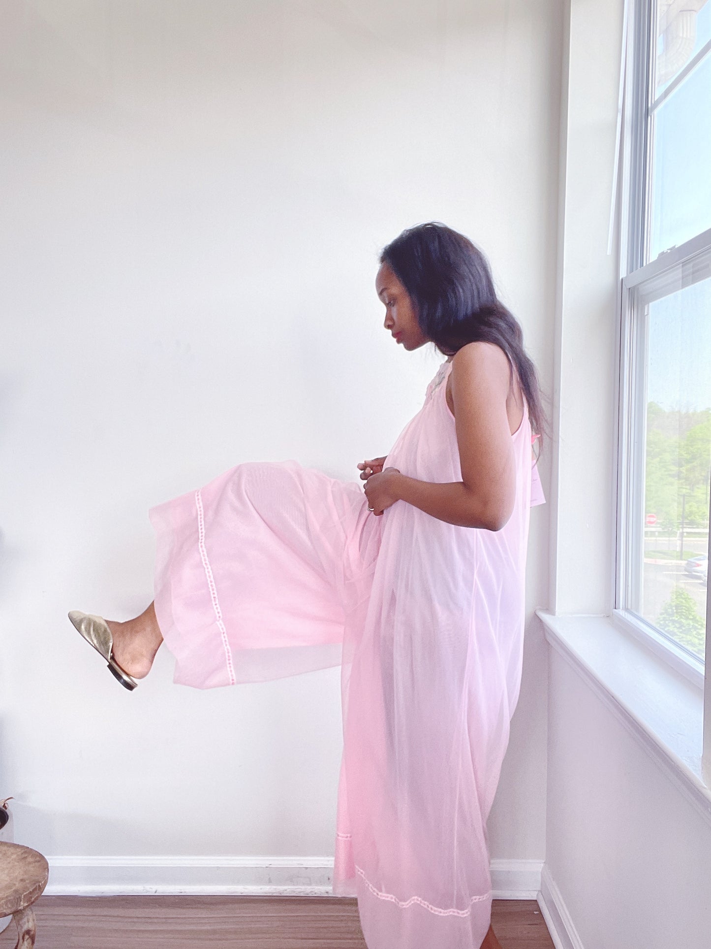 Pink Embroidered Nightgown Jumpsuit