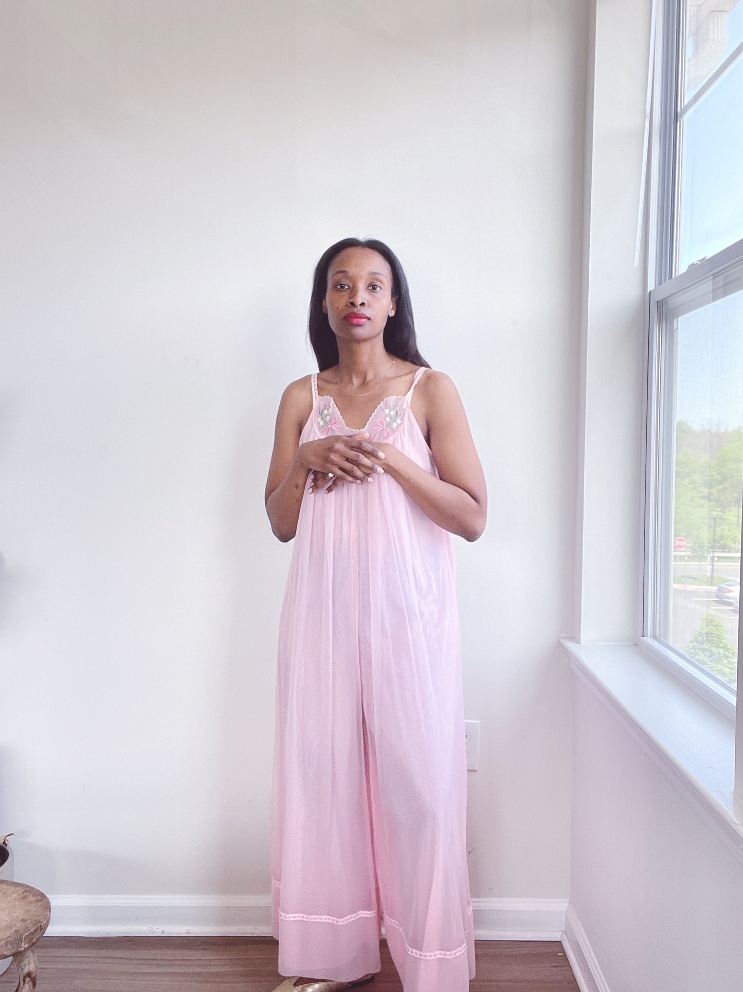 Pink Embroidered Nightgown Jumpsuit