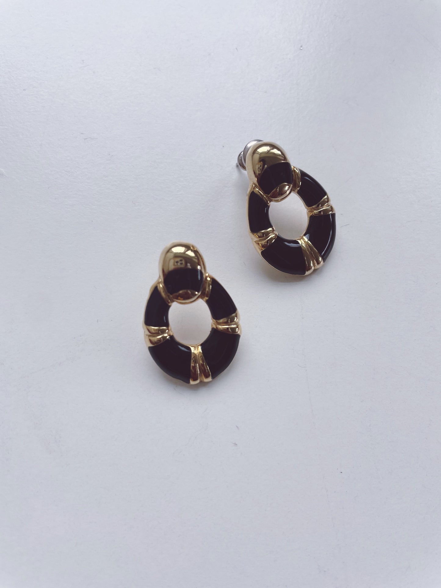Gold Tone Black Enamel Earrings