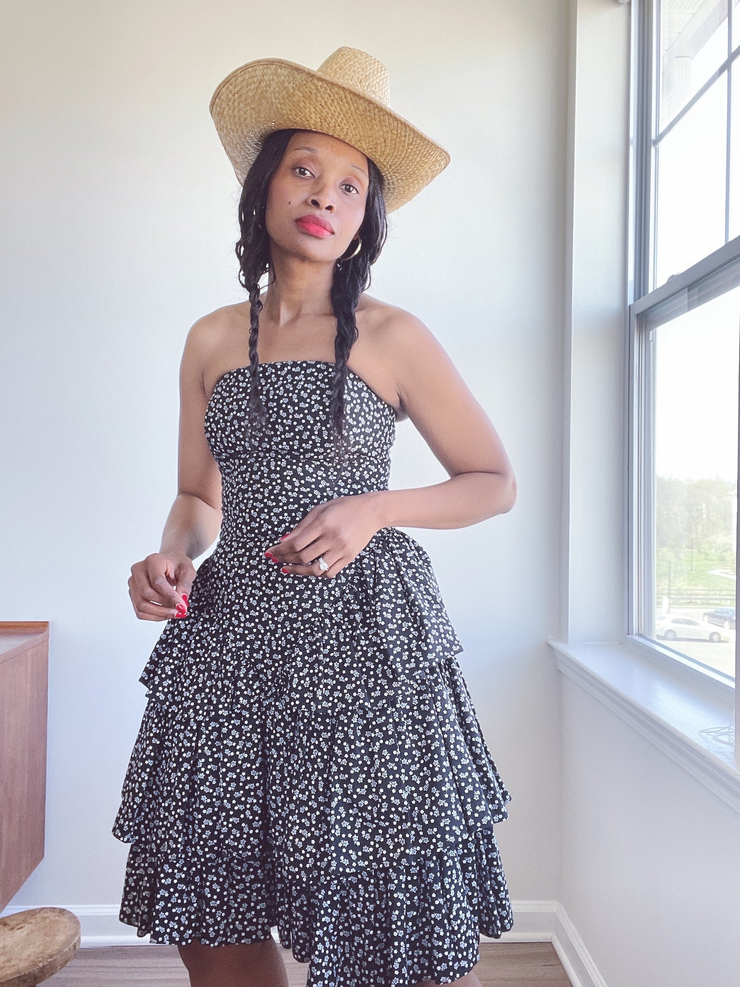 Mondi 80s Strapless Cocktail Tiered Cotton Dress