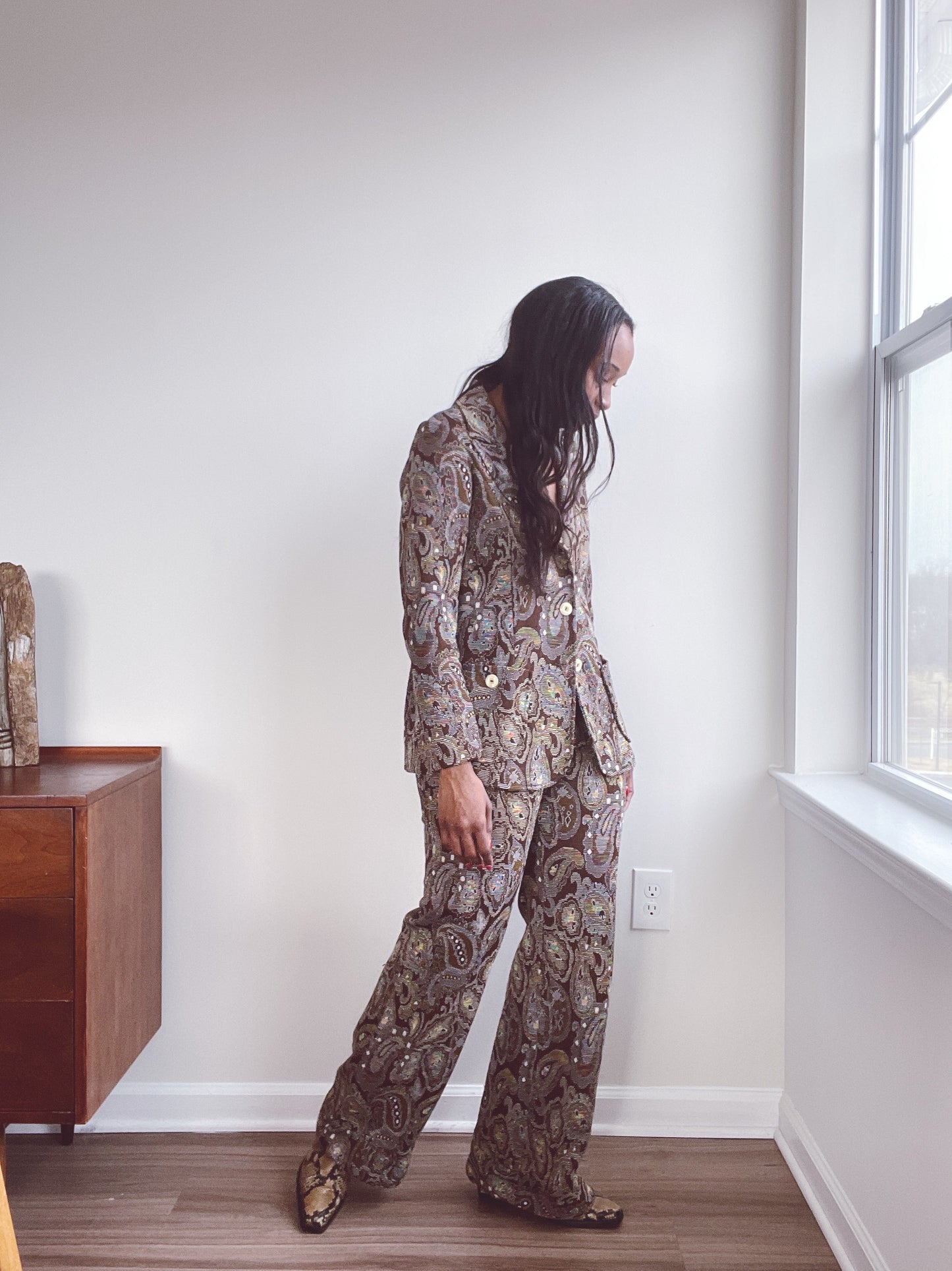 70s Brown Paisley Print Pant Suit