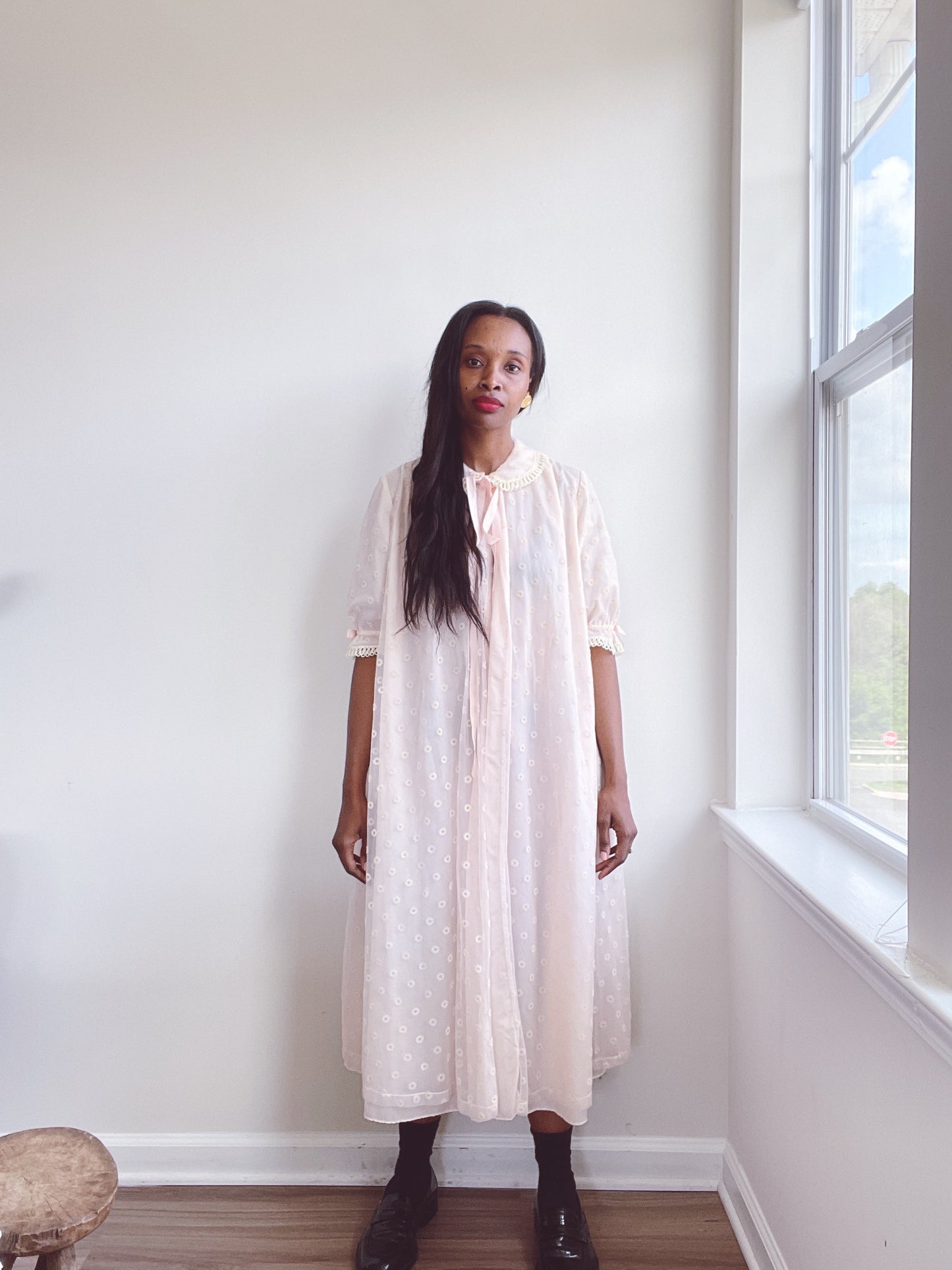 60s Blush Duster Lace Overlay Housecoat