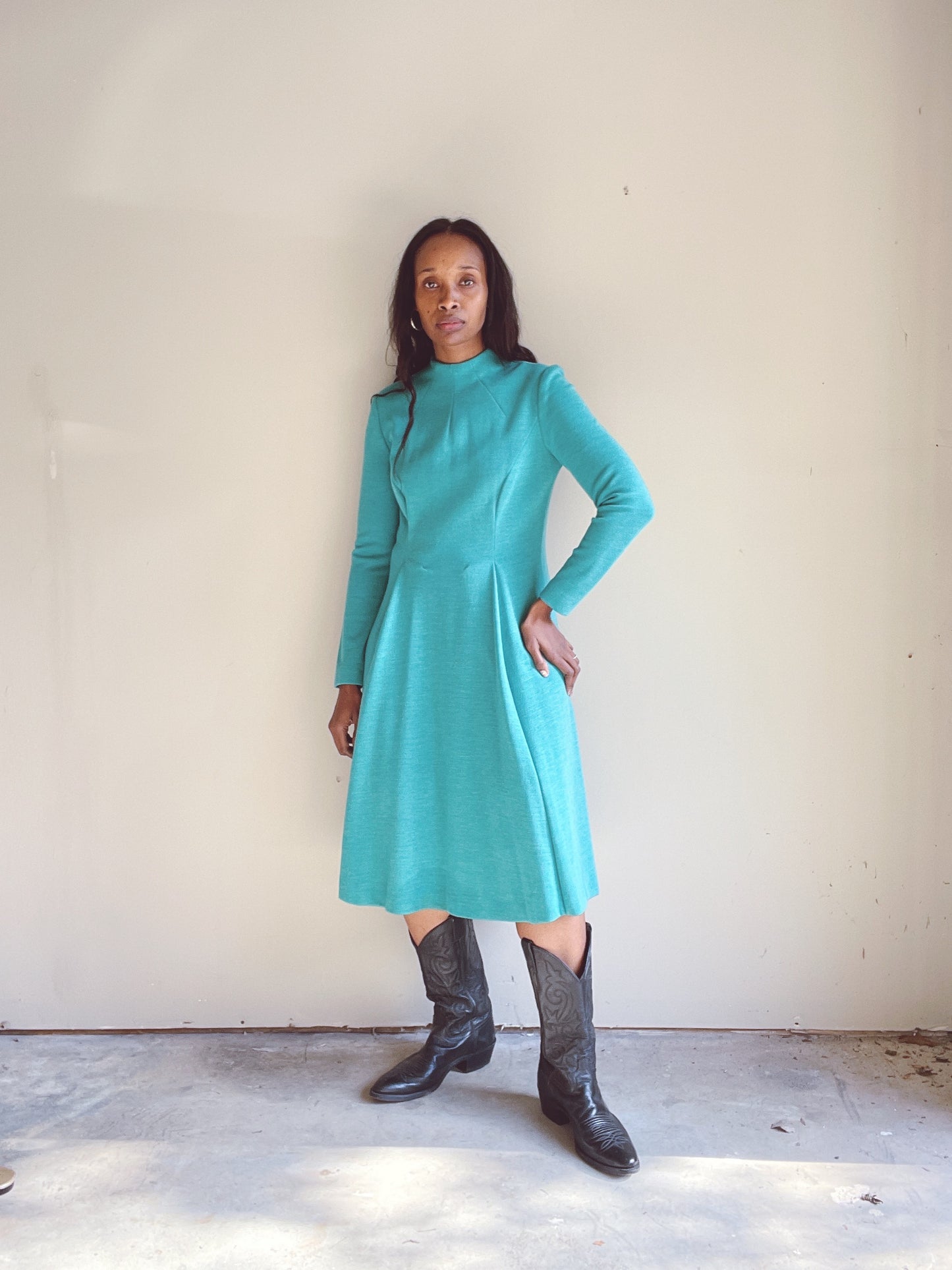 60s Wool A Line Teal Dress