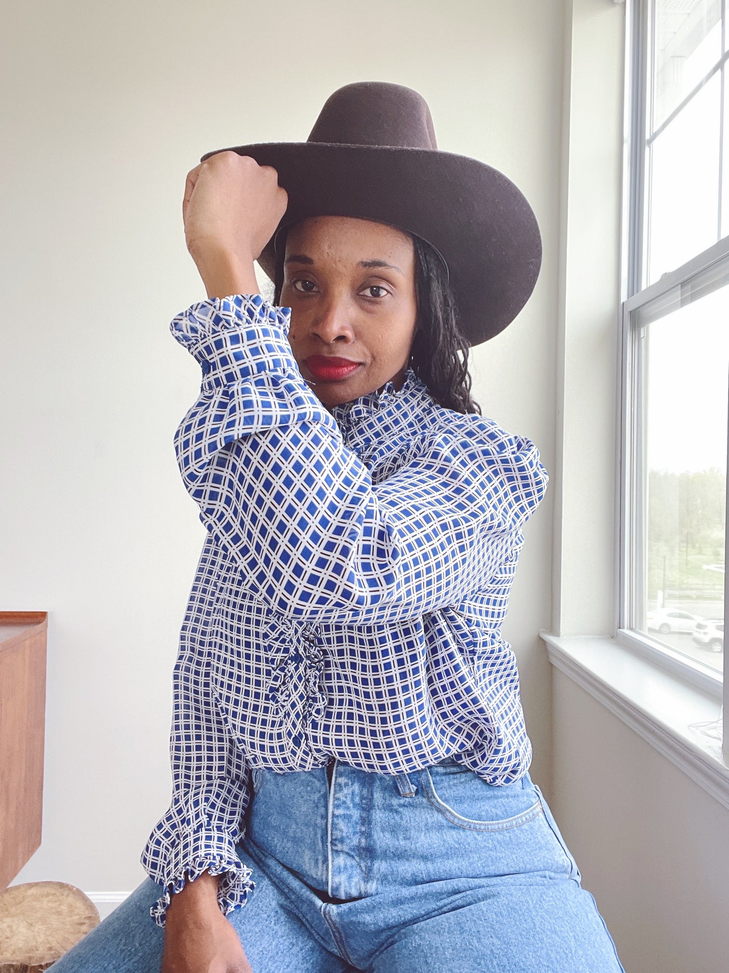 Vintage Ruffle Chiffon Blue Check Blouse