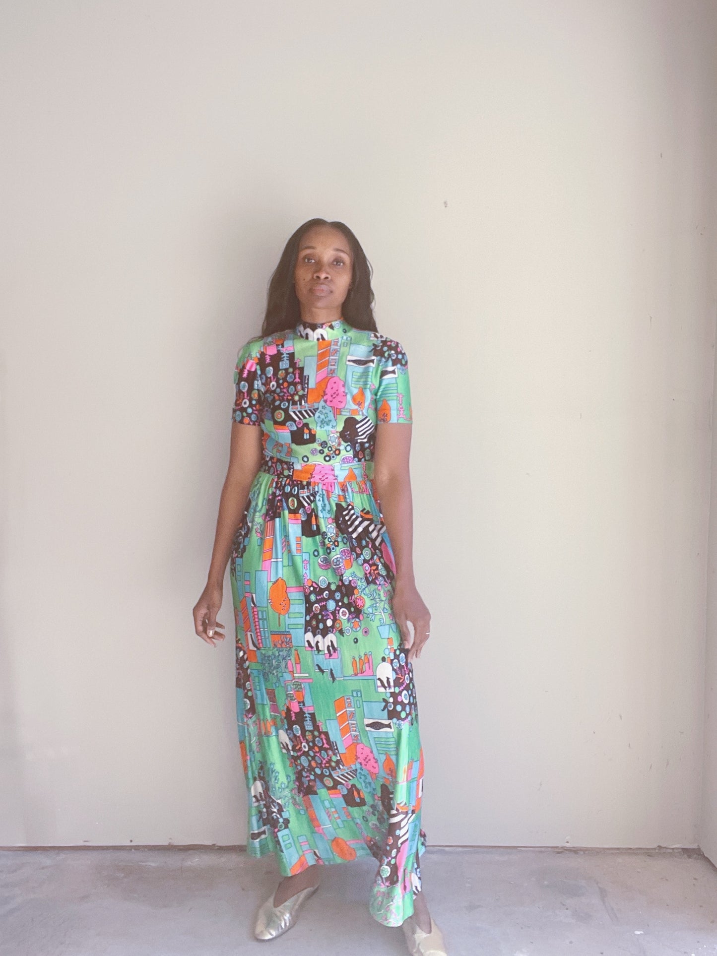 60s Psychedelic Novelty Print Maxi Dress