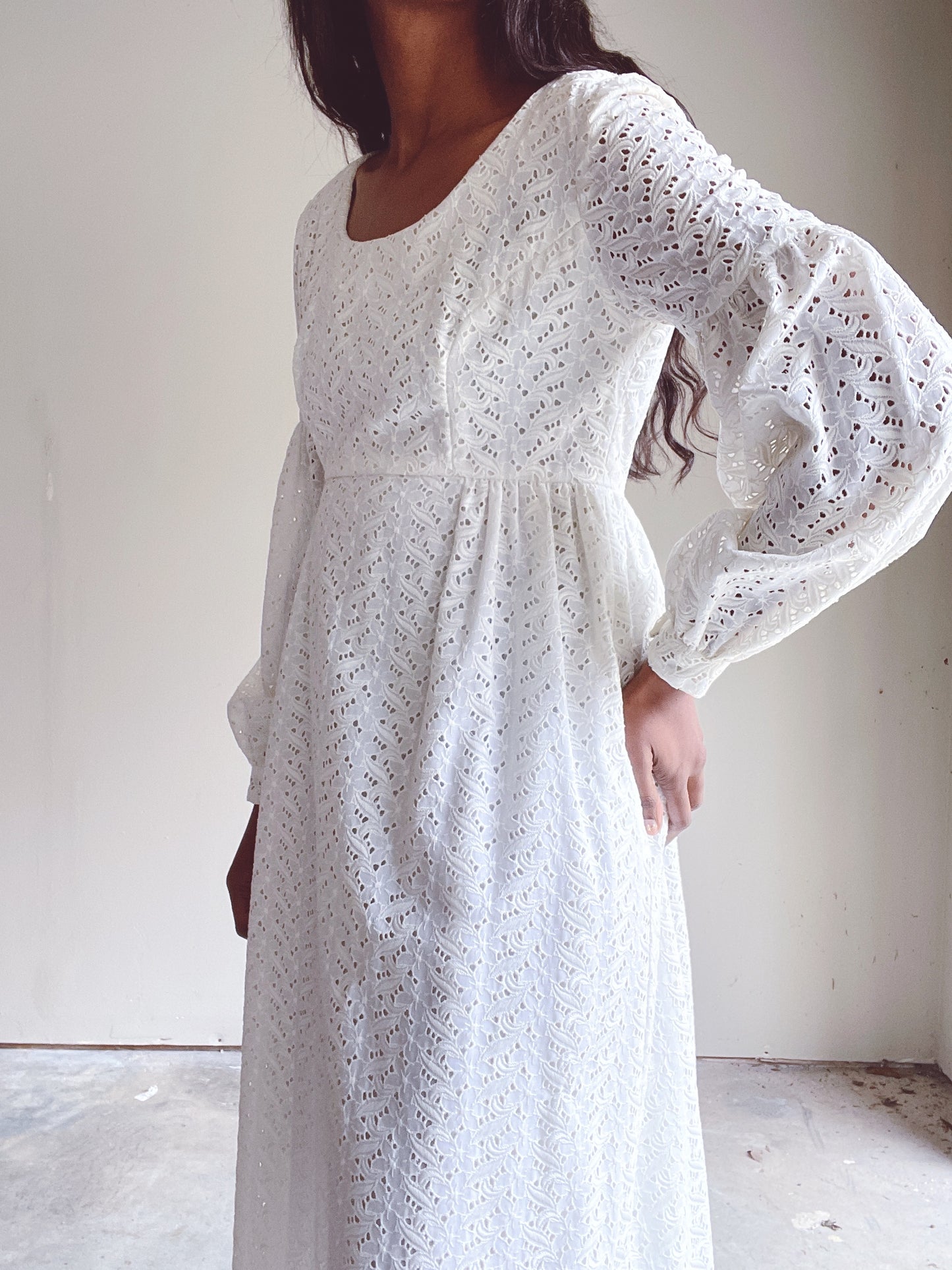 70s Eyelet Ivory Poet Sleeve Lace Maxi Dress