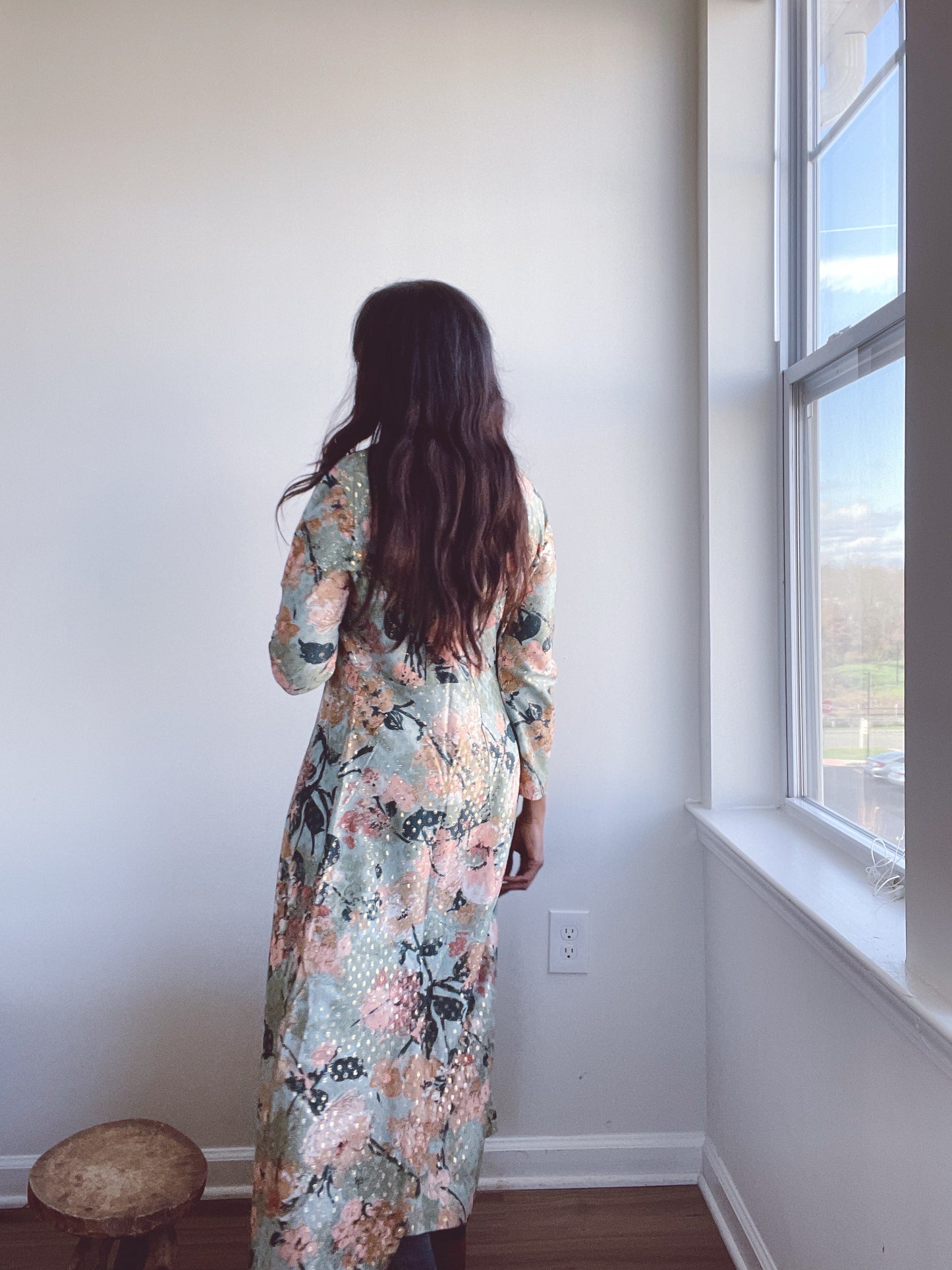 70s Floral Metallic Whimsical Dress