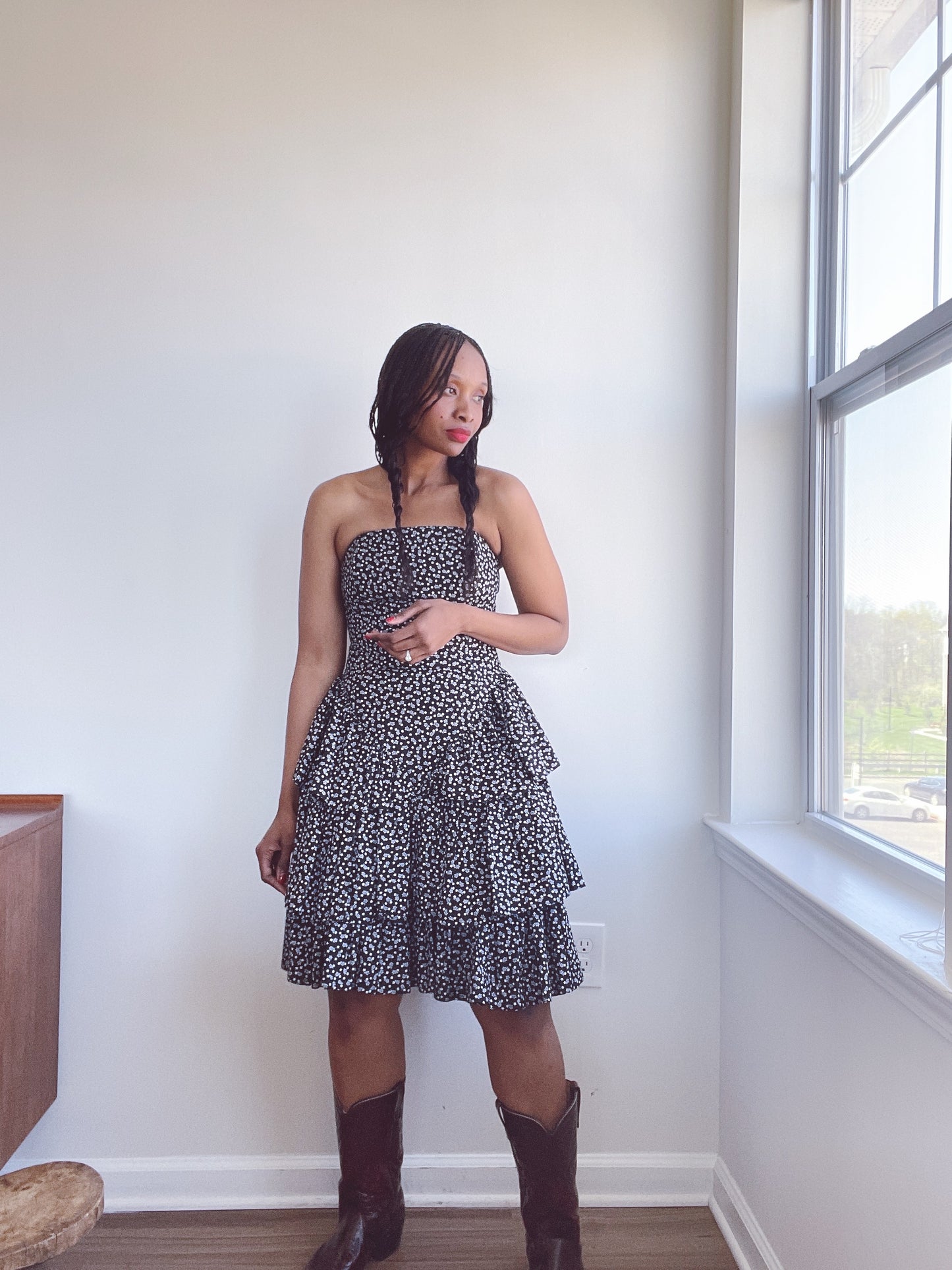 Mondi 80s Strapless Cocktail Tiered Cotton Dress