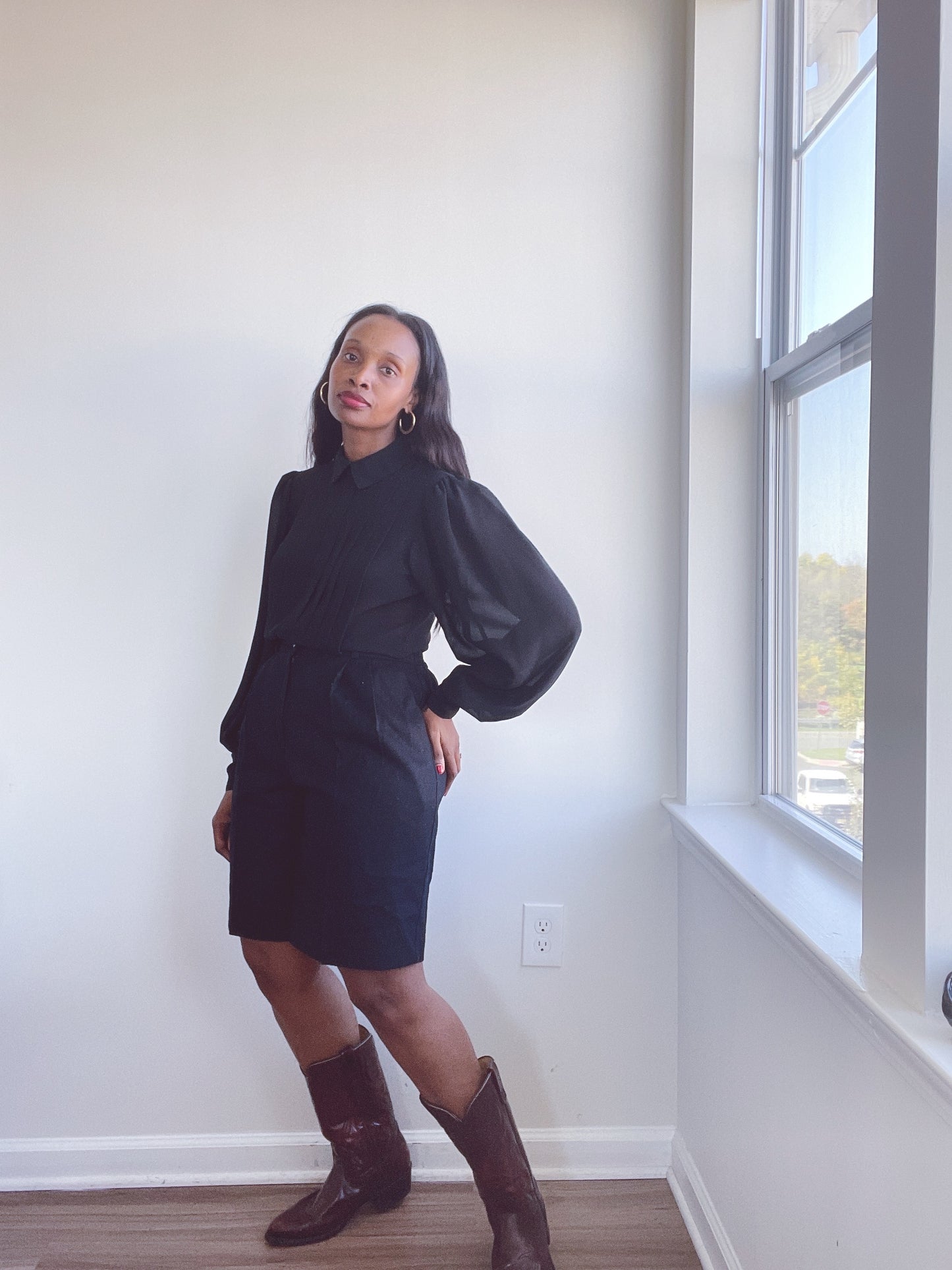 Chiffon Pleated Puff Sleeve Vintage Blouse