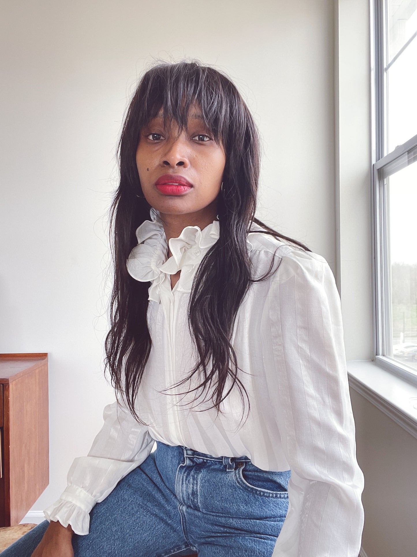 Vintage Ruffle Neck Jacquard Blouse