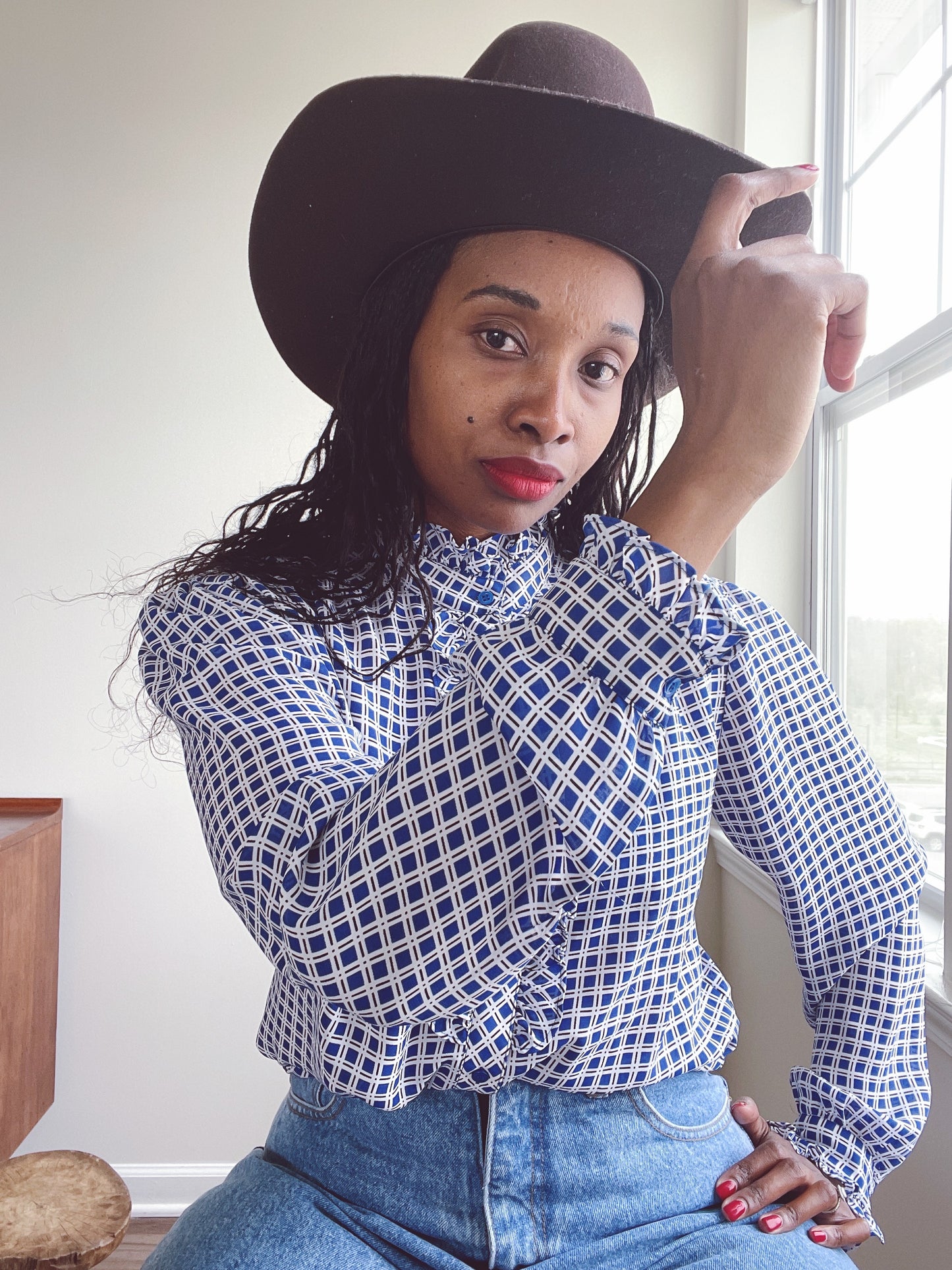 Vintage Ruffle Chiffon Blue Check Blouse