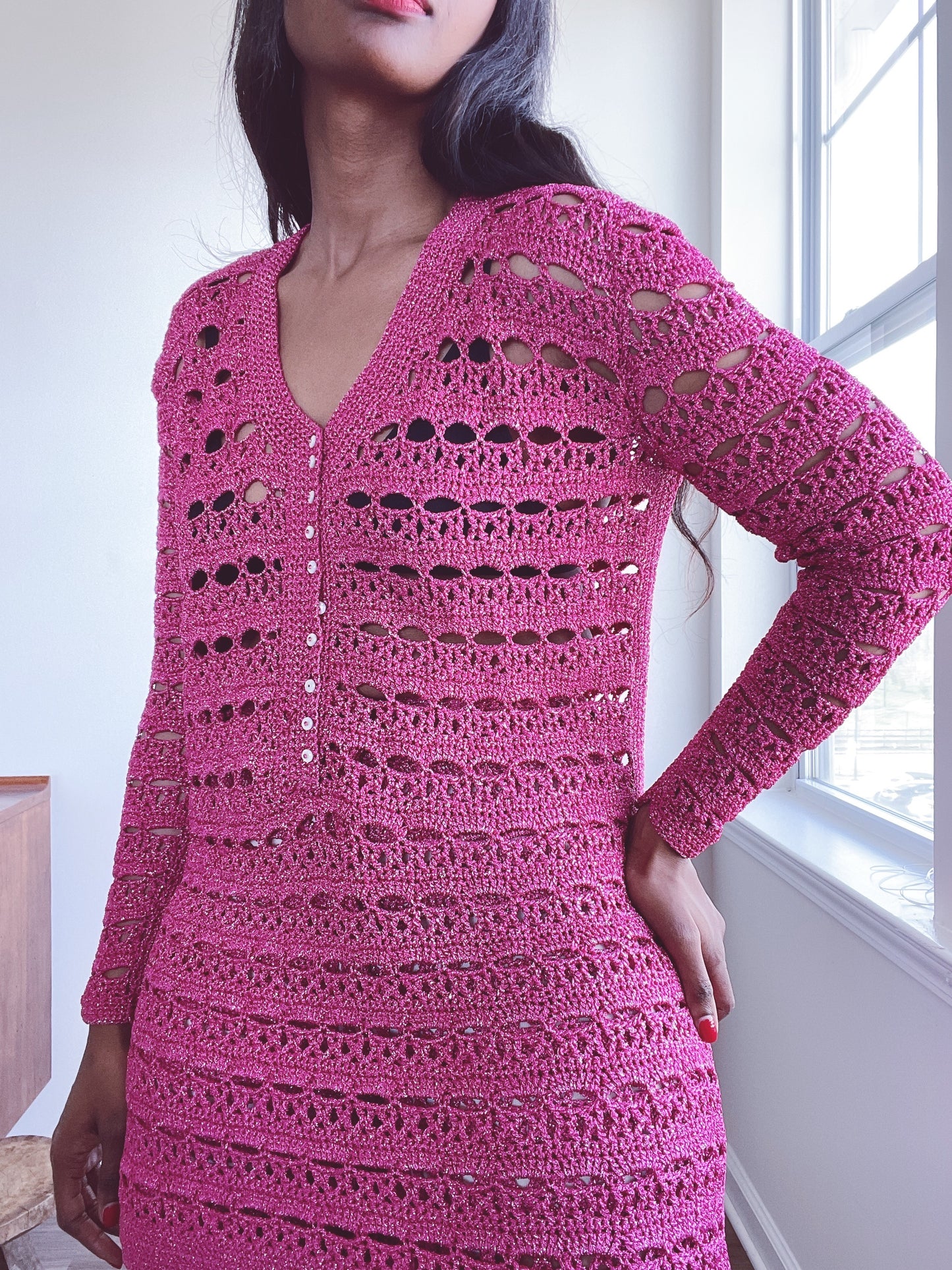 70s Crochet Lurex Pants Electric Pink