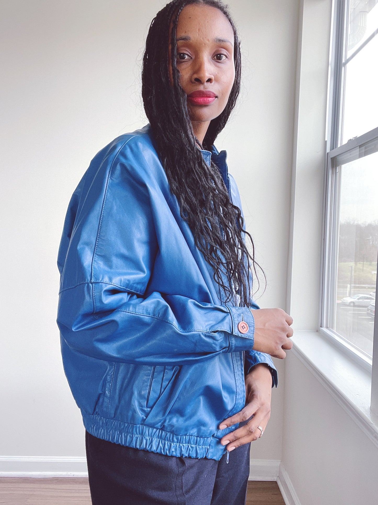 Blue Leather Jacket Vintage Bergdorf Goodman