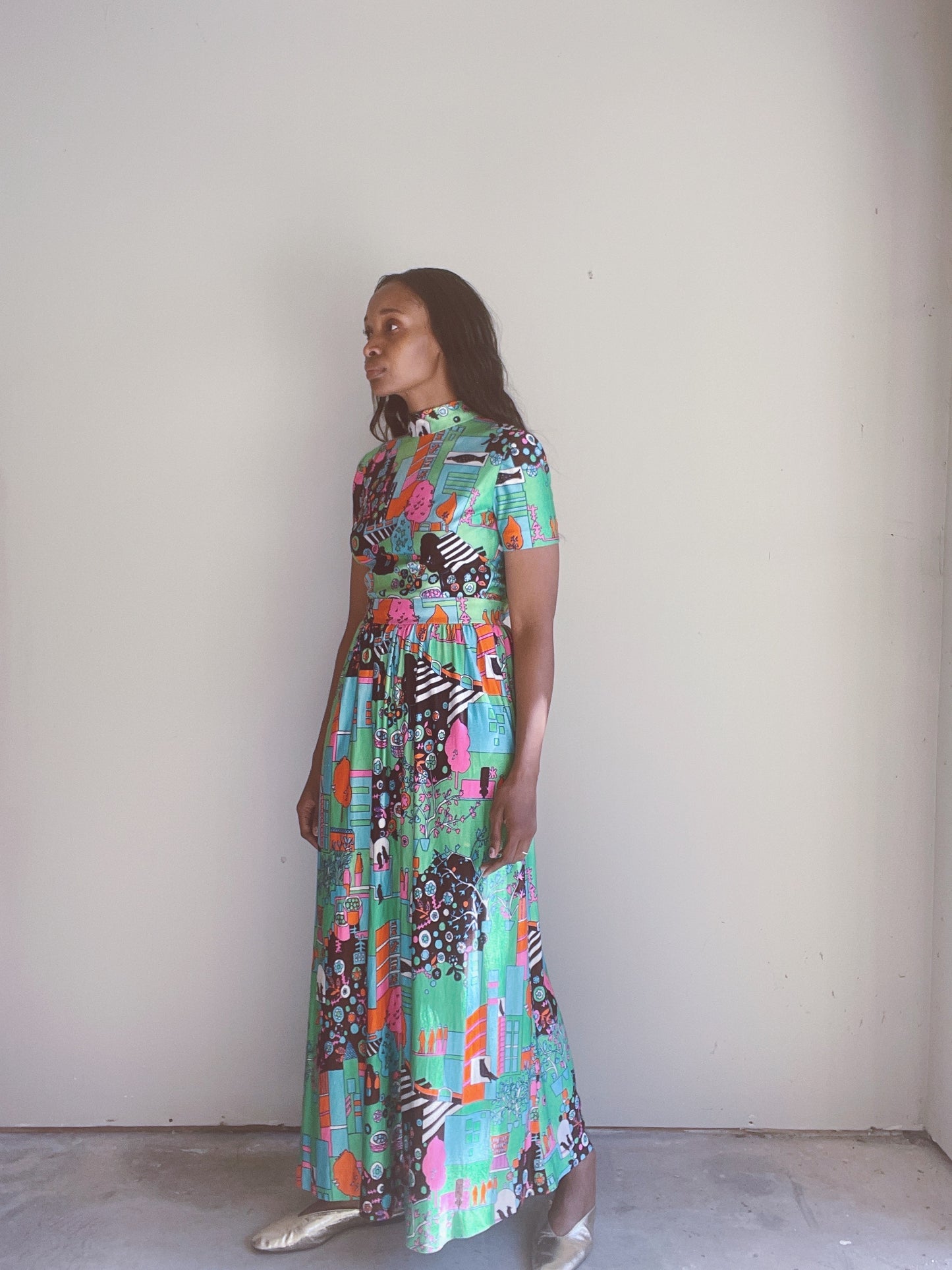 60s Psychedelic Novelty Print Maxi Dress