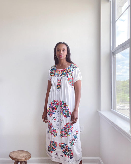 Vintage Oaxaca Huipil Embroidered Cotton Dress