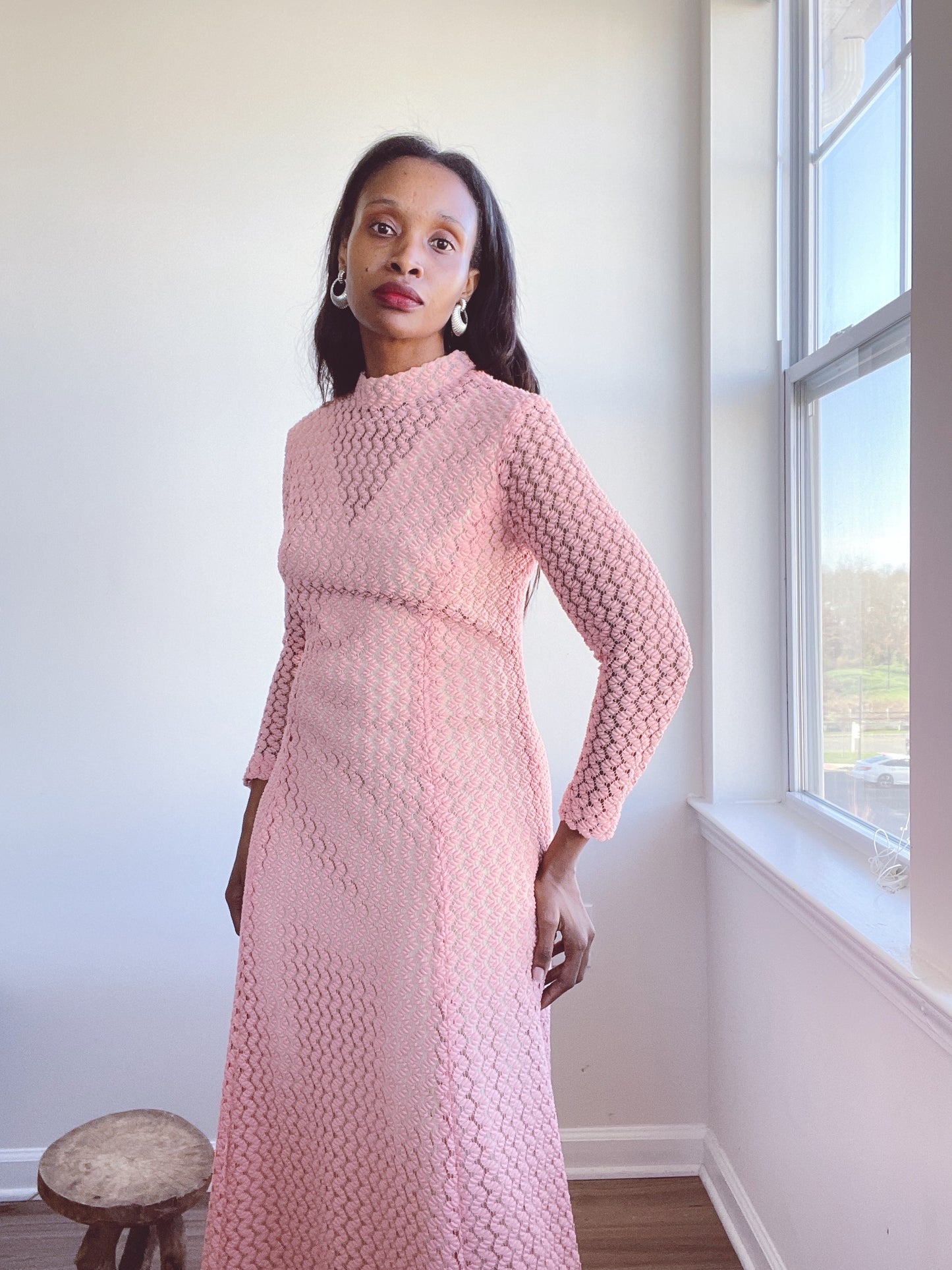 70s Pink Knit Maxi Dress