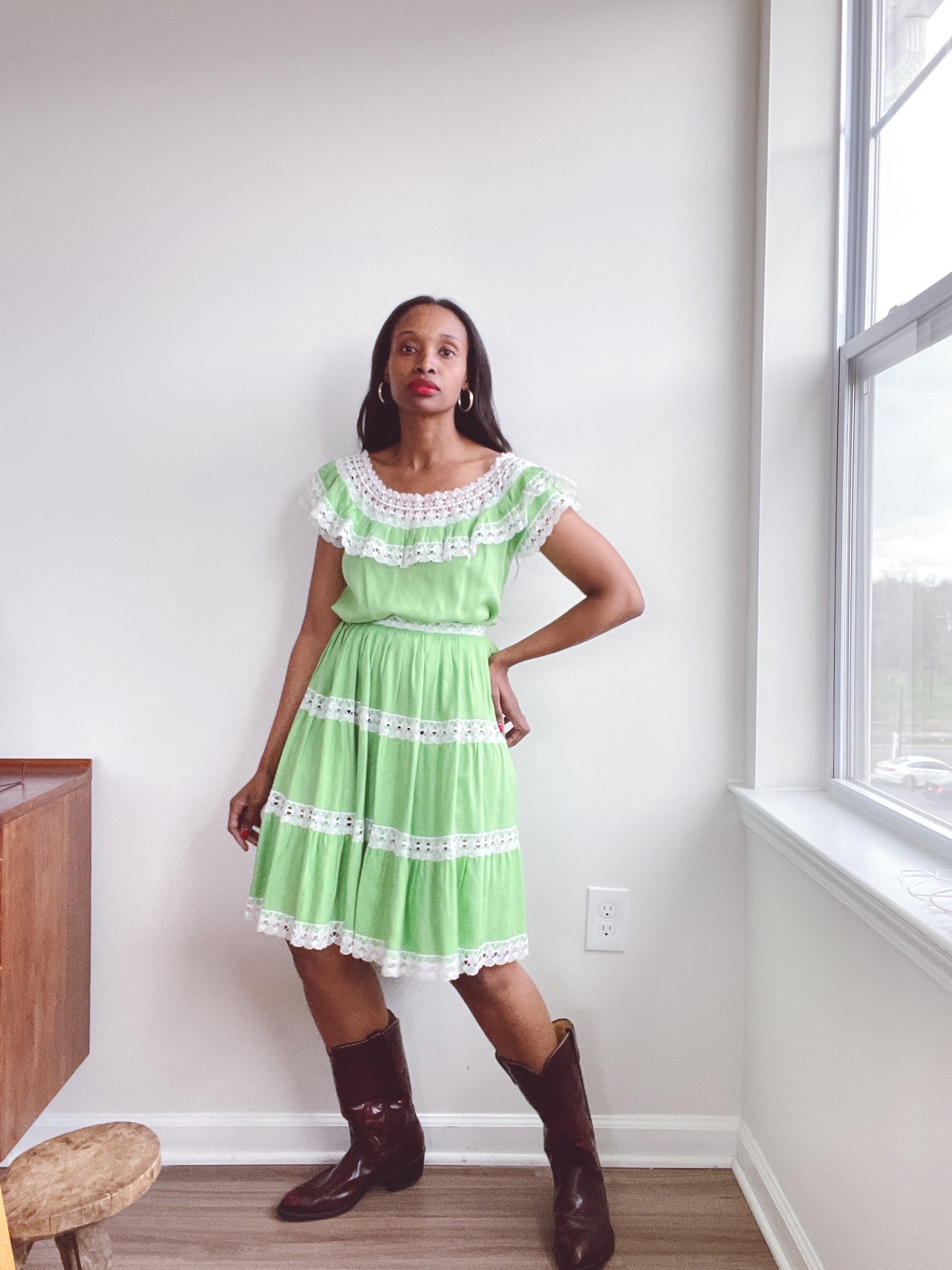 Rare Mexican Lace Trim Green 2 Pc Skirt Set