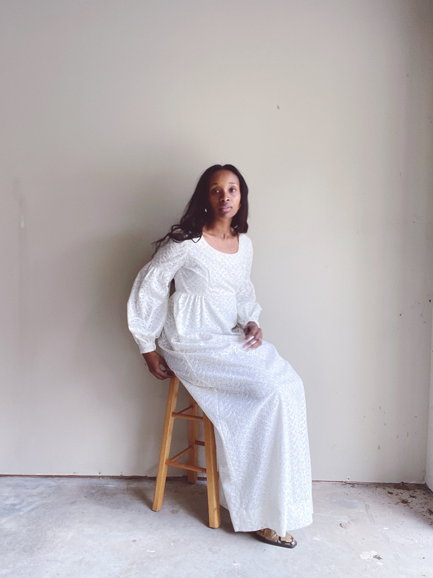 70s Eyelet Ivory Poet Sleeve Lace Maxi Dress