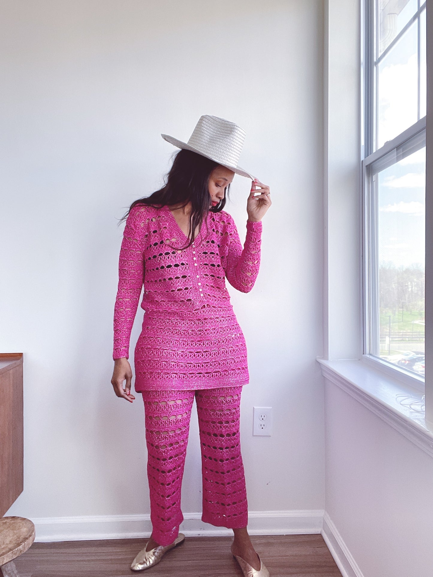 70s Crochet Lurex Dress Top Electric Pink