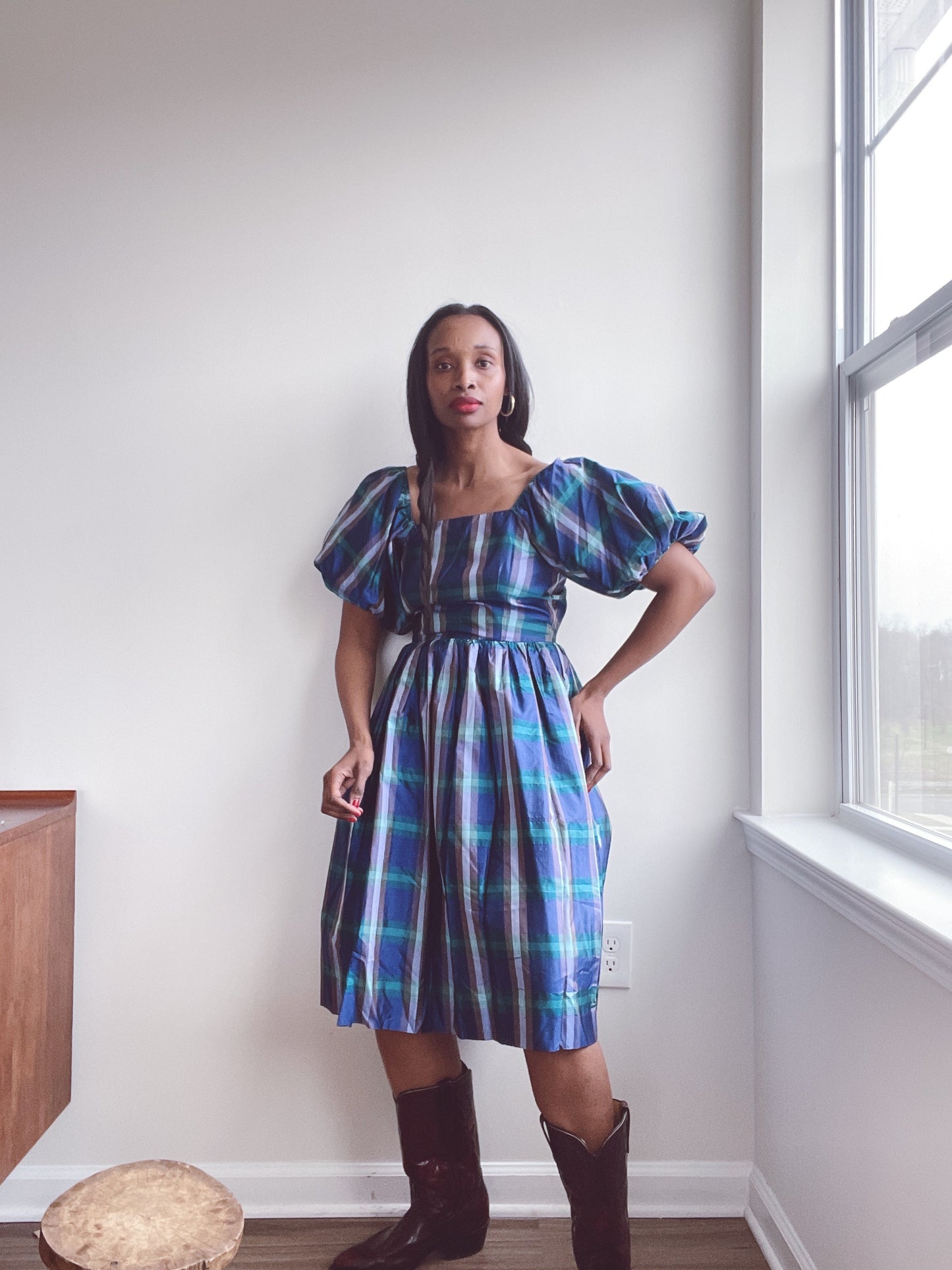 Vintage Puff Sleeve Plaid Dress XS - S