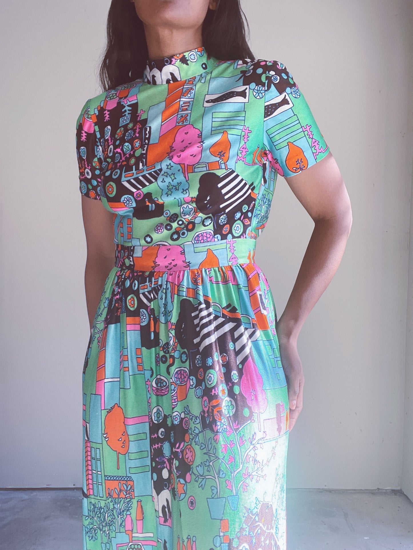 60s Psychedelic Novelty Print Maxi Dress