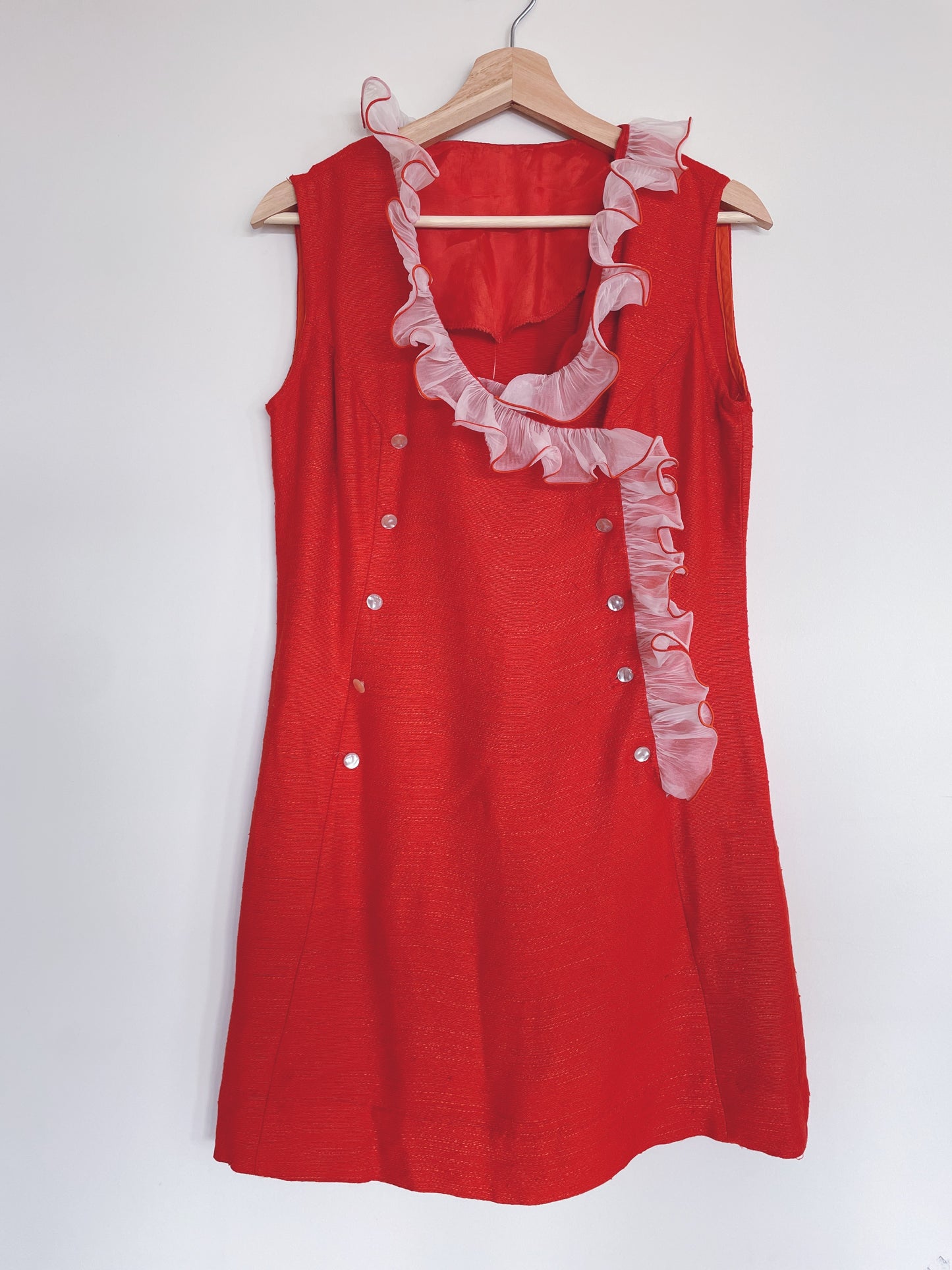 60s Raw Silk Ruffle Orange Mini Dress