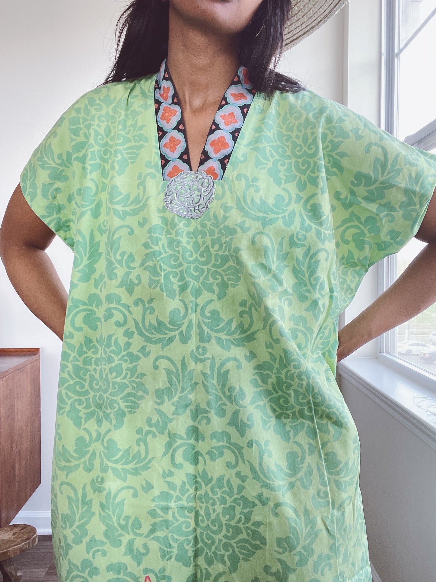 J Peterman Green Cotton Print Caftan