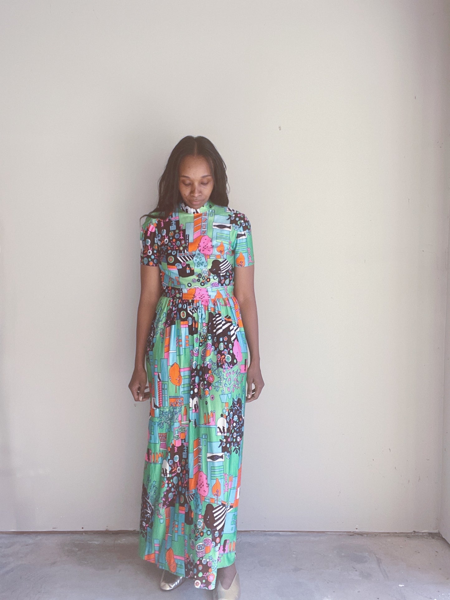60s Psychedelic Novelty Print Maxi Dress
