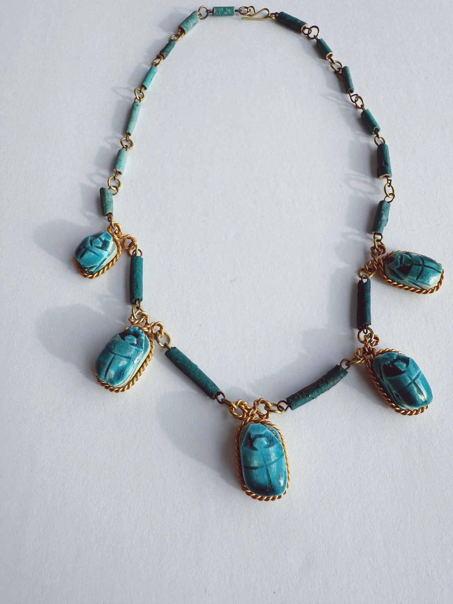 Vintage Egyptian Scarab and Faience Bead Necklace Gold Tone
