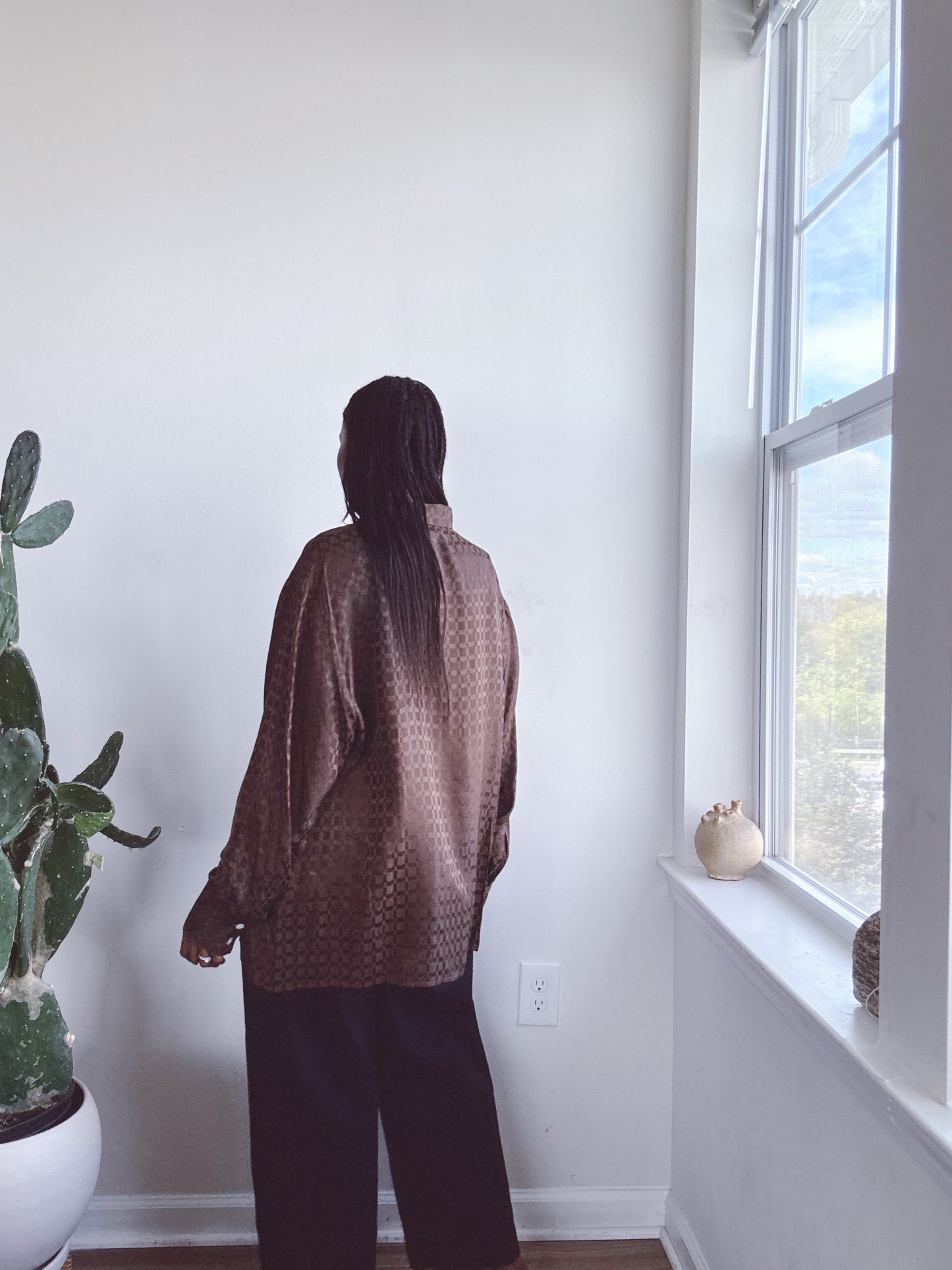 Vintage Brown Checked Silk Blouse
