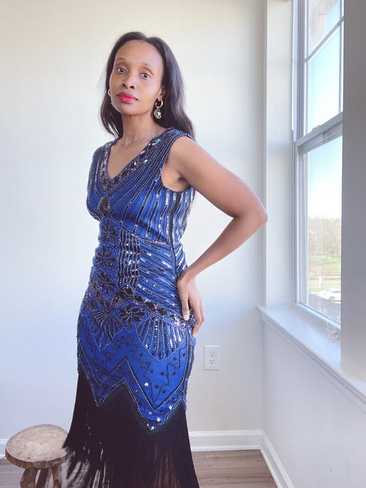 Blue Fringe Flapper Fringe Dress