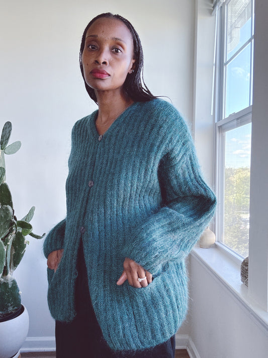 Ribbed Mohair Teal Cardigan Sweater