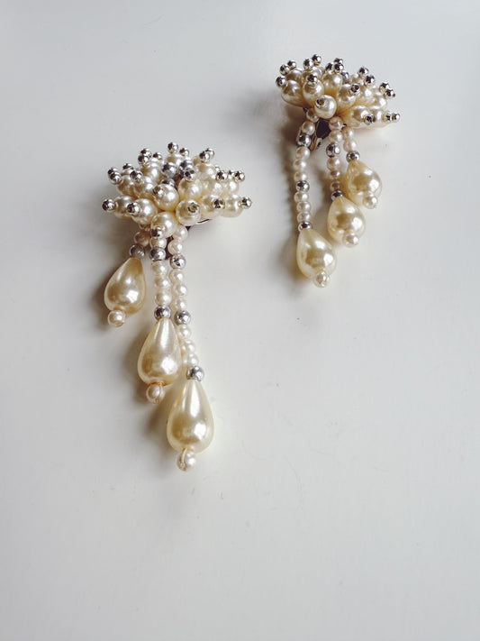 Vintage Pearl Cluster Clip On Costume Earrings