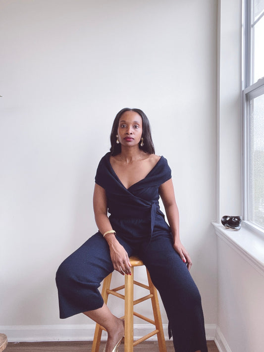 Navy Blue Knit Wrap Top Set