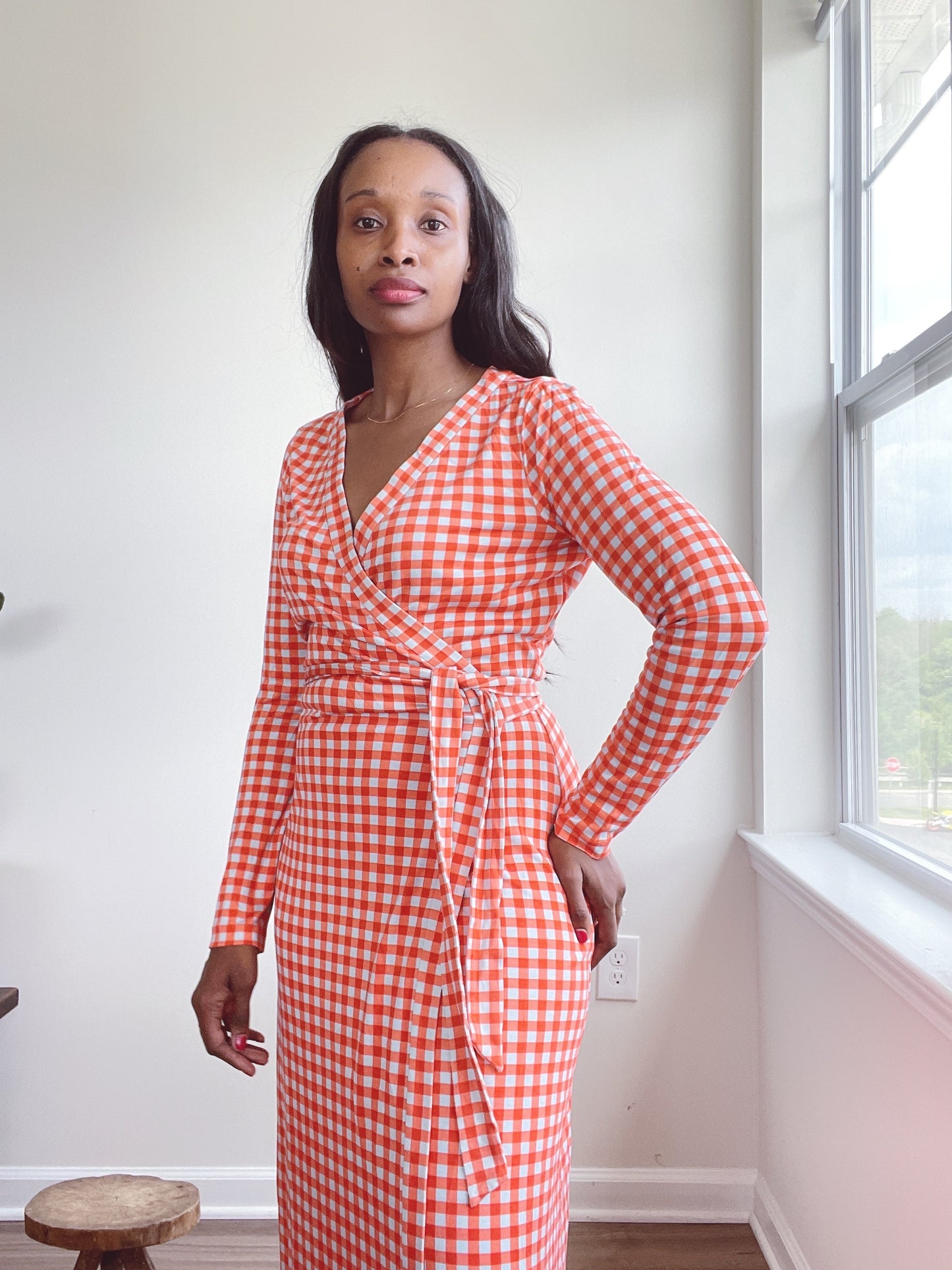 DIANE VON FURSTENBERG DVF Silk Jersey Maxi Vintage Dress Orange Gingham