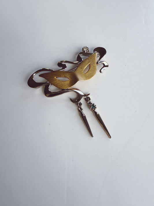 Vintage JJ Masquerade Mask Gold Silver Crystal Brooch Pin
