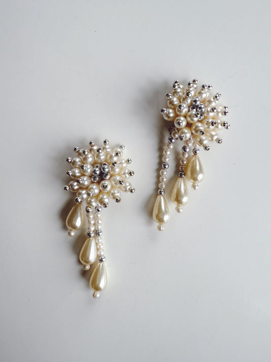 Vintage Pearl Cluster Clip On Costume Earrings