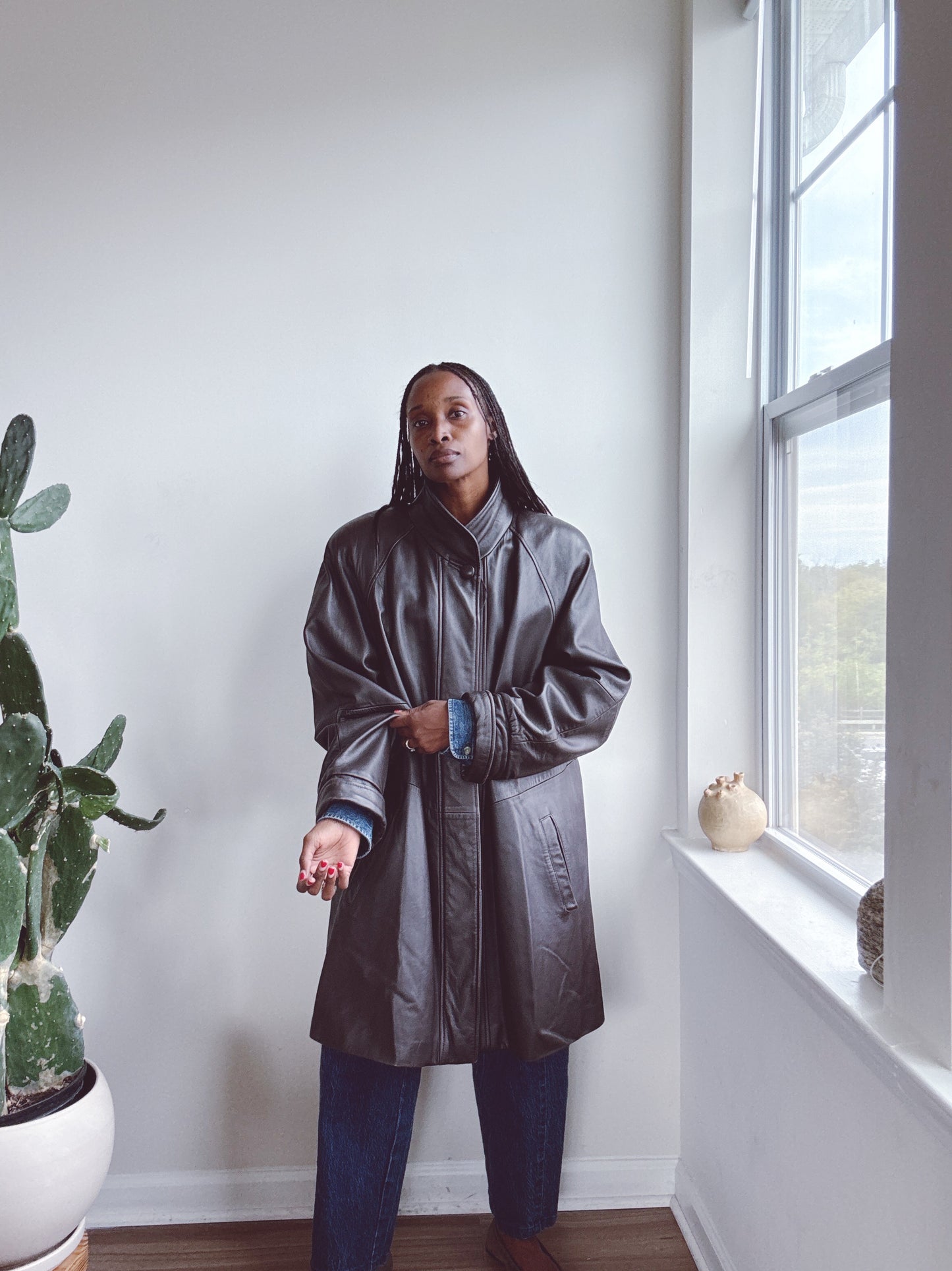 Vintage Leather Coat Jacket Dark Brown